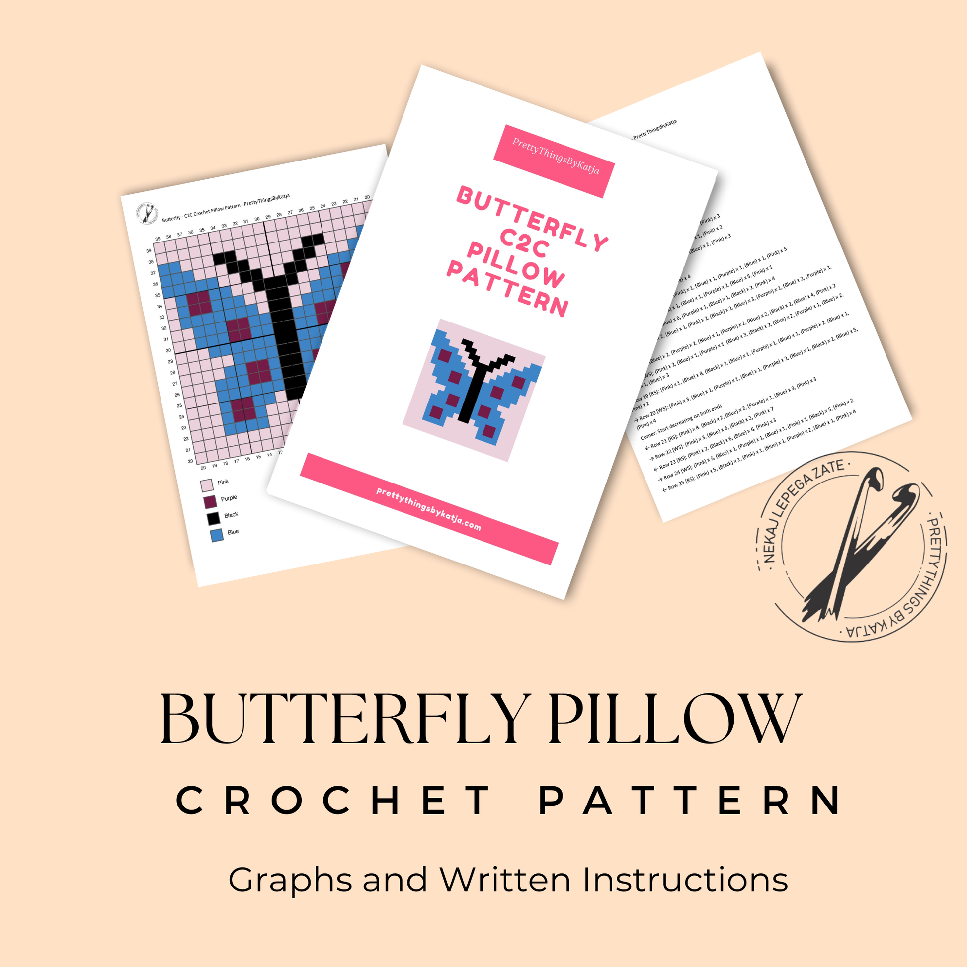C2C crochet butterfly pillow pattern for spring decor, nursery decor, and handmade gifts.
