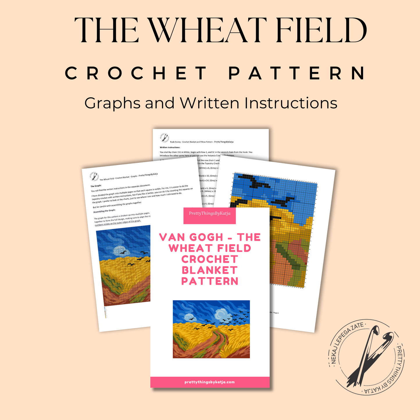 Tapestry crochet blanket pattern with wheat field, painterly sky, birds, 15 colors, and row-by-row instructions.
Van Gogh crochet painting blanket pattern for art lovers, museum lovers, handmade gifts, and creative home decor.