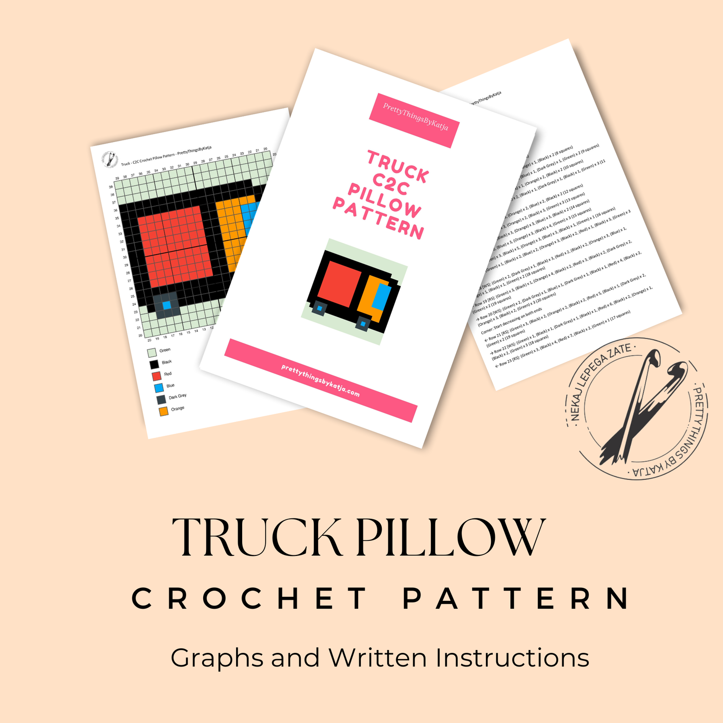 C2C crochet truck pillow pattern for kids, vehicle lovers, nursery decor, and handmade gifts.
Beginner-friendly C2C crochet pillow pattern featuring a colorful truck design in 20 x 20 blocks.