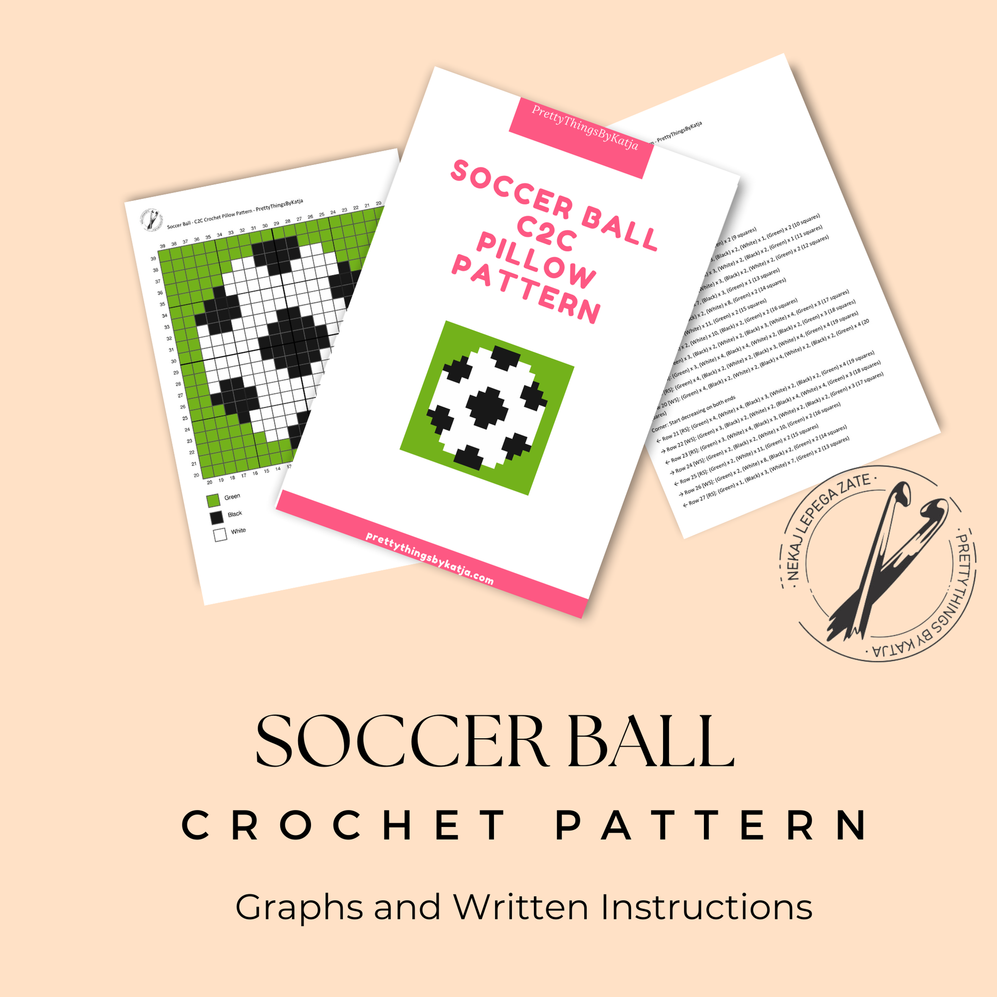 C2C crochet football pillow pattern for soccer players, kids, coaches, teams, and sports gifts.
Beginner-friendly C2C crochet pillow pattern featuring a soccer ball design in 20 x 20 blocks.