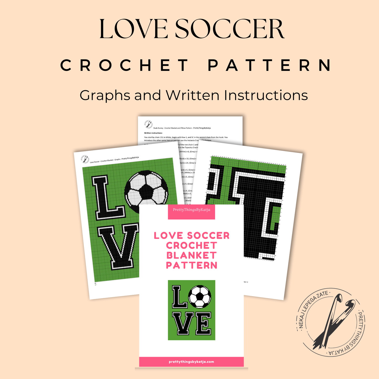 Single crochet soccer graphgan pattern with a 150 x 190 stitch color chart and written row-by-row instructions.