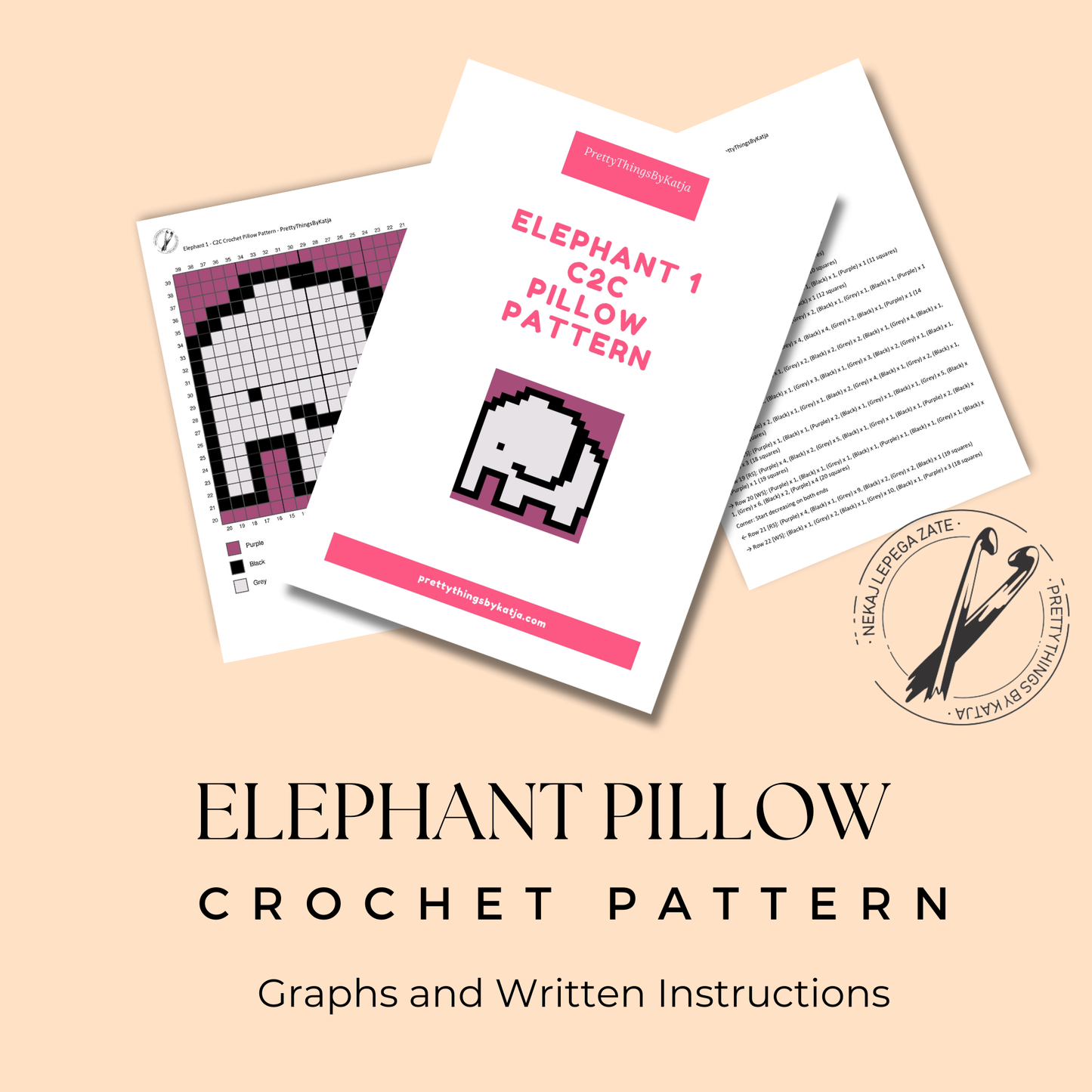 C2C animal graph pattern featuring a cute elephant design for a 16-inch handmade crochet pillow.
Quick weekend crochet project with an elephant graphgan pillow design and instant-download PDF instructions.
