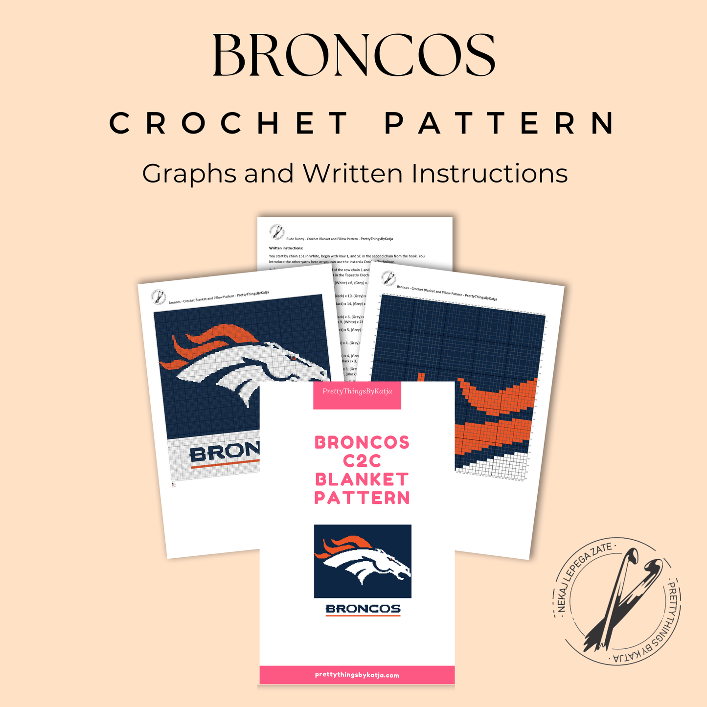 C2C sports crochet graph pattern for football season, bedrooms, dorm rooms, and game-day decor.
Broncos-inspired football crochet blanket pattern with three colors, full graph, and written instructions.