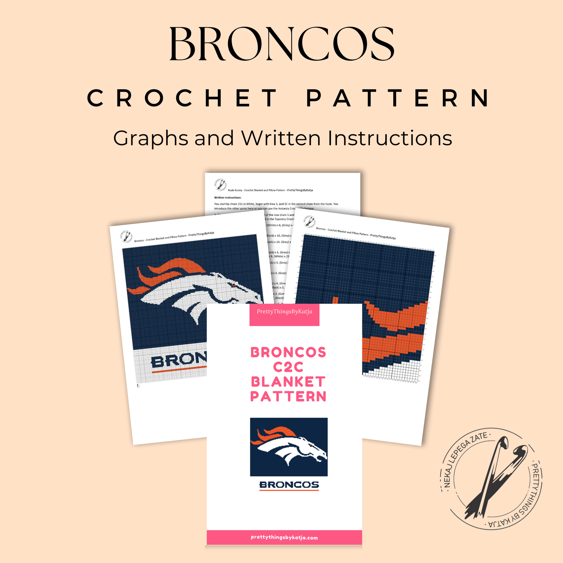 C2C sports crochet graph pattern for football season, bedrooms, dorm rooms, and game-day decor.
Broncos-inspired football crochet blanket pattern with three colors, full graph, and written instructions.