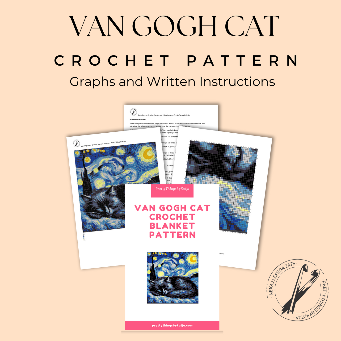 Black cat SC crochet graphghan pattern inspired by Van Gogh Starry Night with a 199 x 200 color chart.
Tapestry crochet blanket pattern with sleeping black cat, moon, stars, blue swirls, and row-by-row instructions.