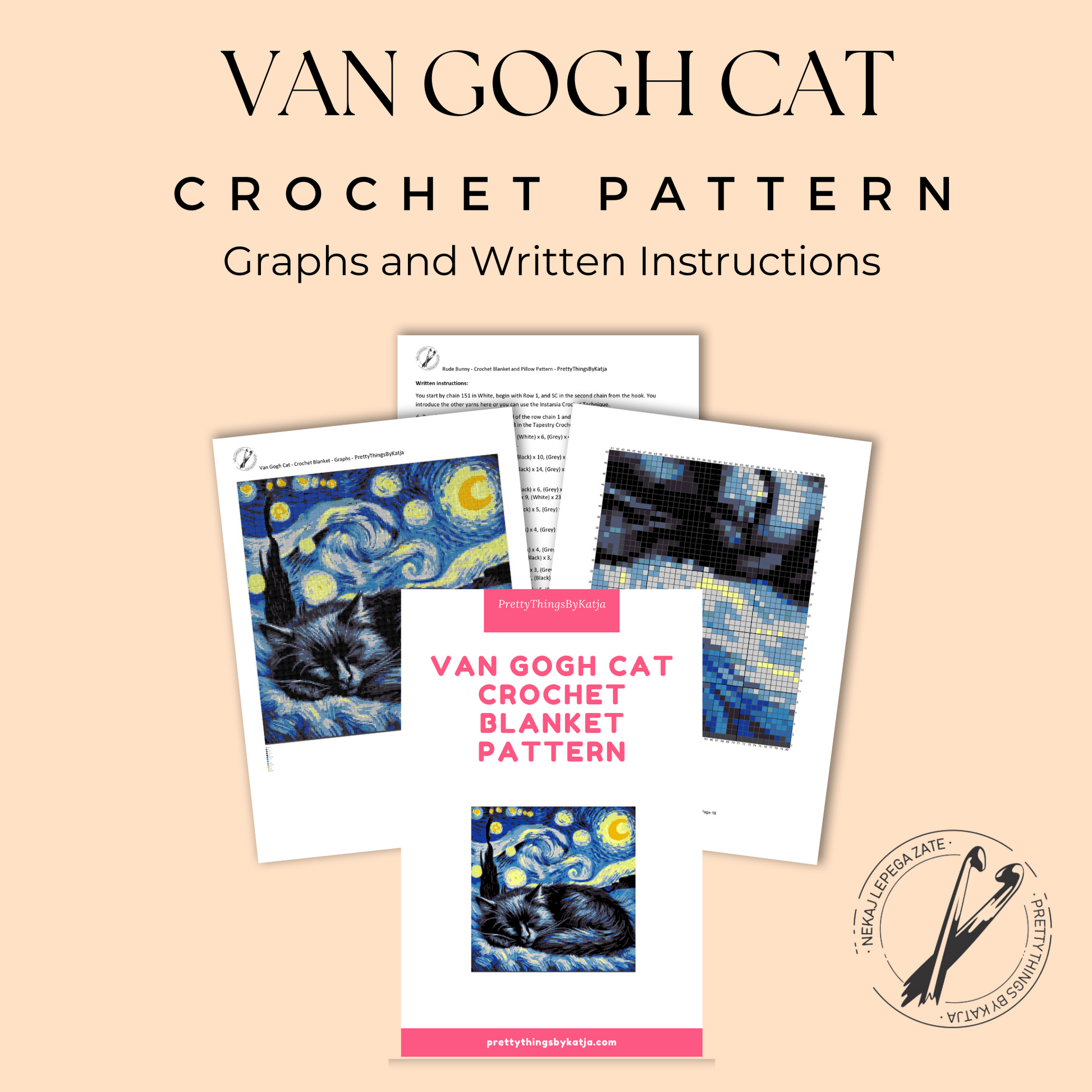 Black cat SC crochet graphghan pattern inspired by Van Gogh Starry Night with a 199 x 200 color chart.
Tapestry crochet blanket pattern with sleeping black cat, moon, stars, blue swirls, and row-by-row instructions.