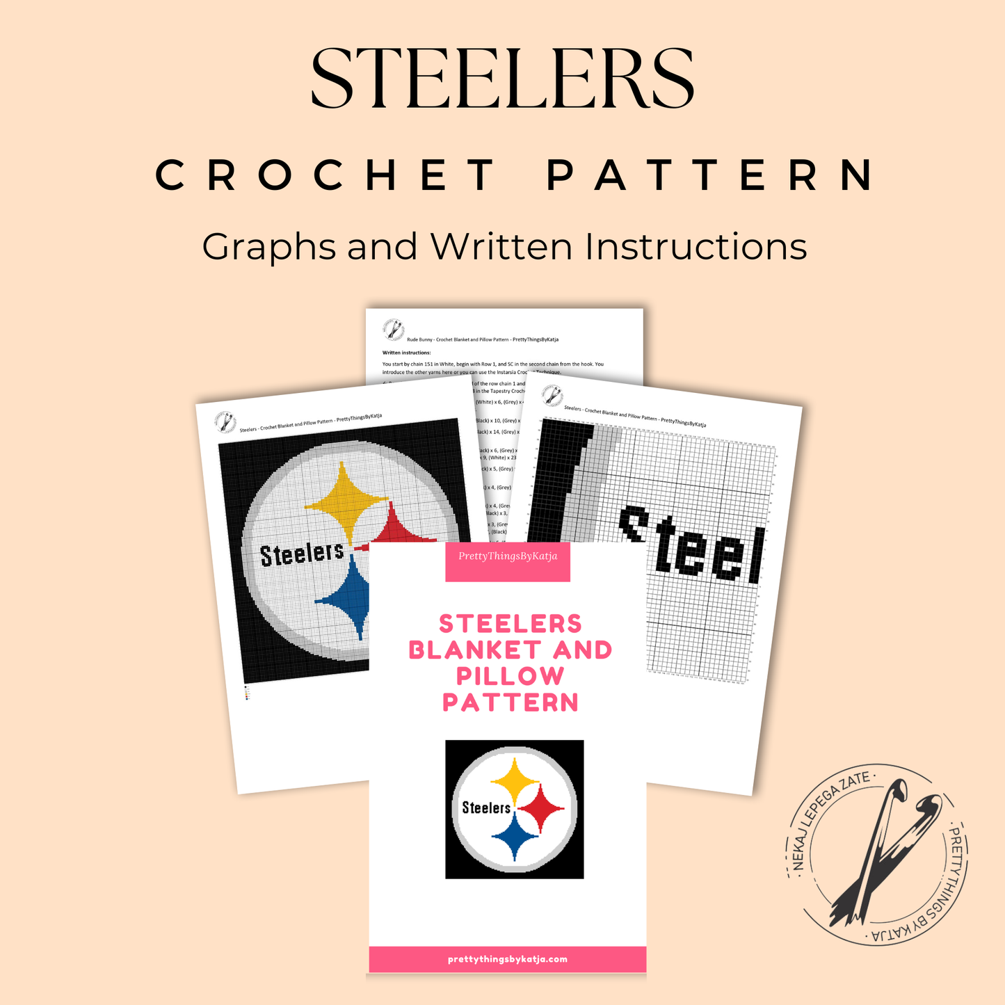 Black and gold football crochet pattern for a rectangular pillow or blanket and handmade fan gift.
Tapestry crochet sports blanket pattern for football season, fan caves, bedrooms, and game-day decor.