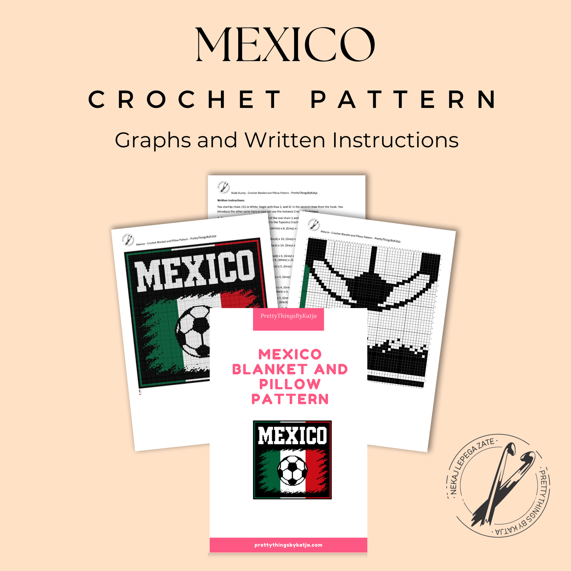 Mexican soccer crochet pattern for a rectangular pillow or blanket using black, green, white, and red yarn.