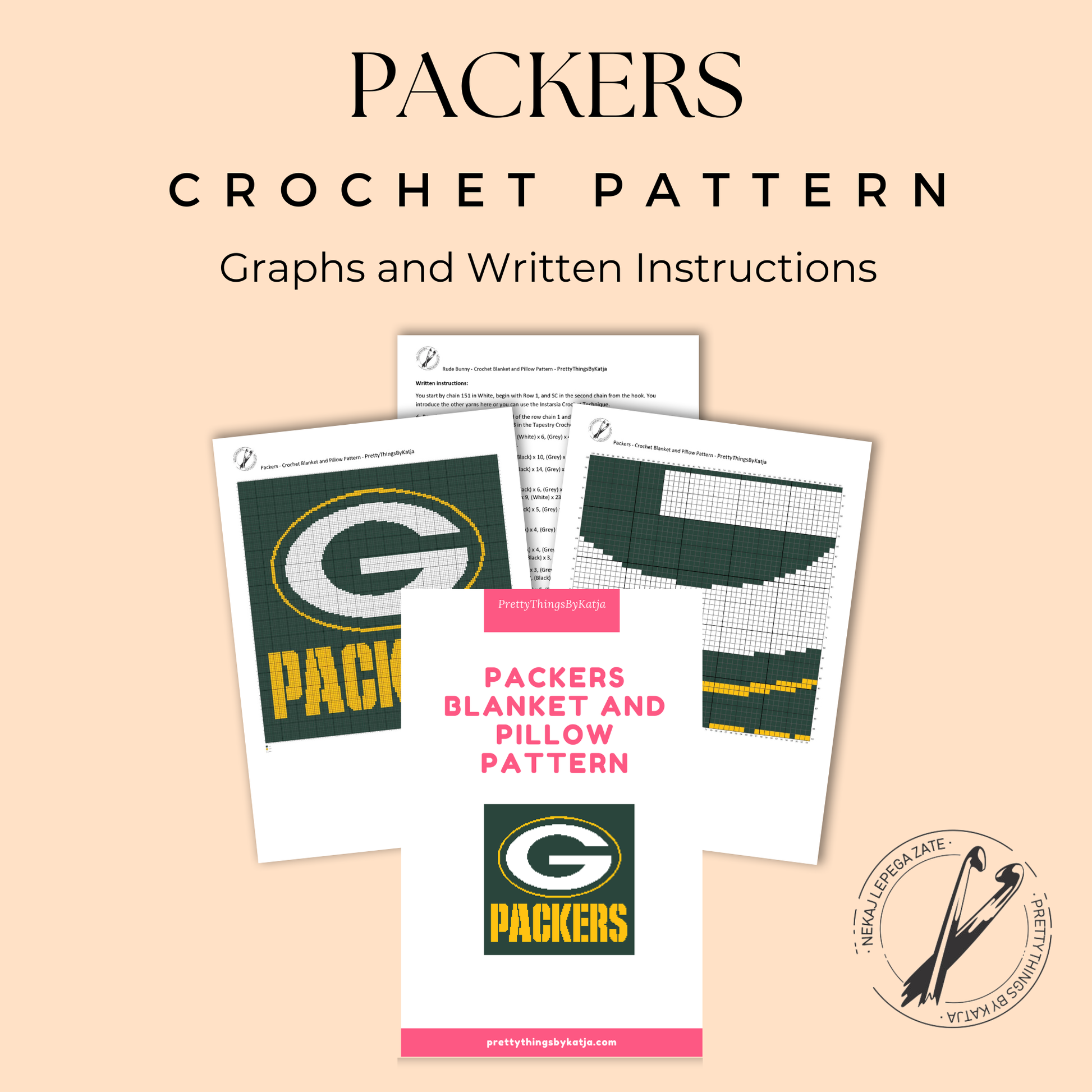 Single crochet football graphgan pattern with a 150 x 150 color chart and written row-by-row instructions.
Green and yellow football crochet pattern for a rectangular pillow or blanket and handmade fan gift.