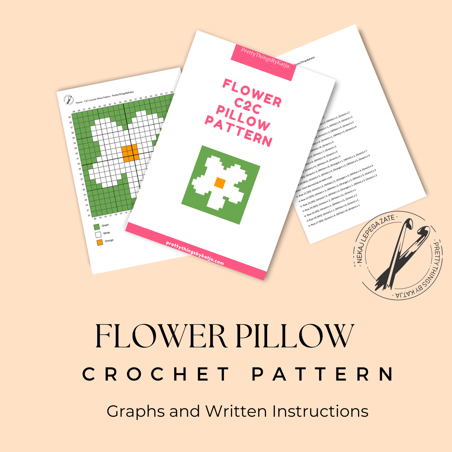 C2C crochet daisy pillow pattern for spring decor, cottagecore home decor, and handmade gifts.
Beginner-friendly C2C crochet pillow pattern featuring a daisy flower design in 20 x 20 blocks.