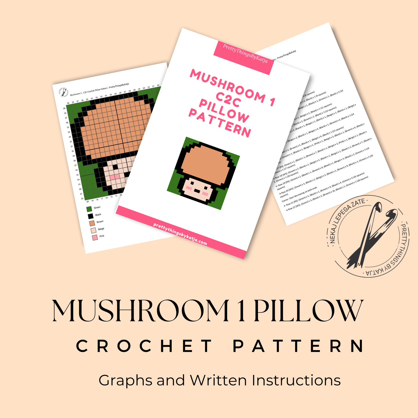 C2C crochet mushroom pillow pattern for cottagecore decor, woodland nurseries, and handmade gifts.
Beginner-friendly C2C crochet pillow pattern featuring a cute mushroom design in 20 x 20 blocks.