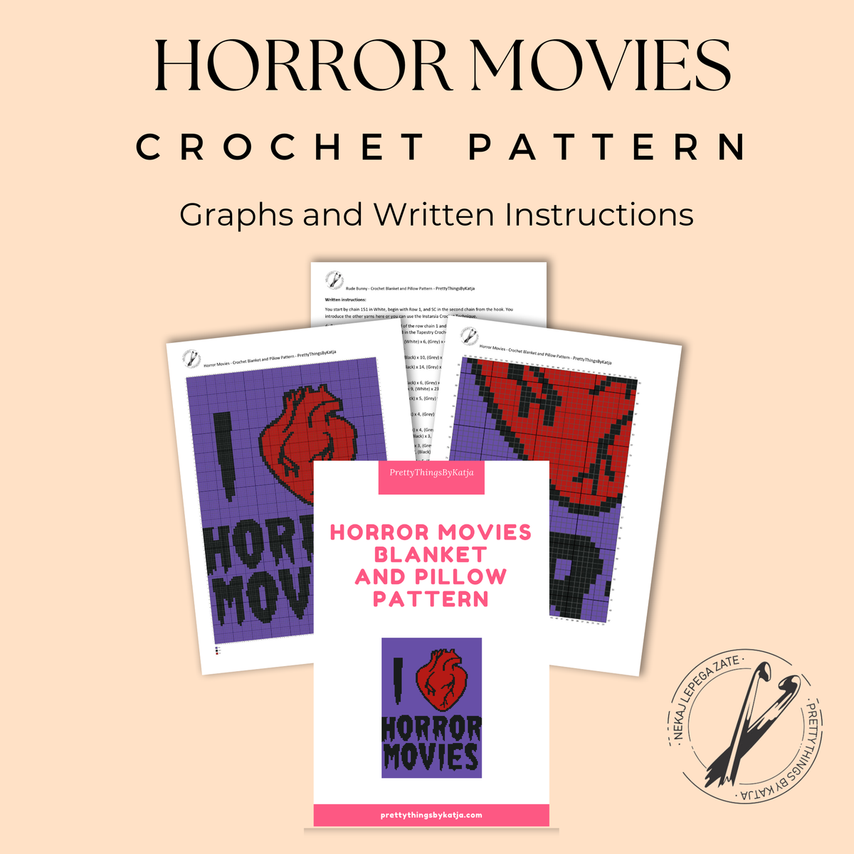 I Love Horror Movies crochet pillow pattern with bold typography and red heart.
Horror graphghan crochet pattern with 3-color design and instant-download PDF.