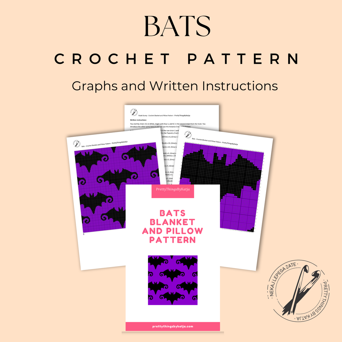 Halloween tapestry crochet blanket pattern with repeating bat silhouettes and instant PDF.
Bat-themed SC crochet pattern for handmade blankets, pillows, and seasonal decor.