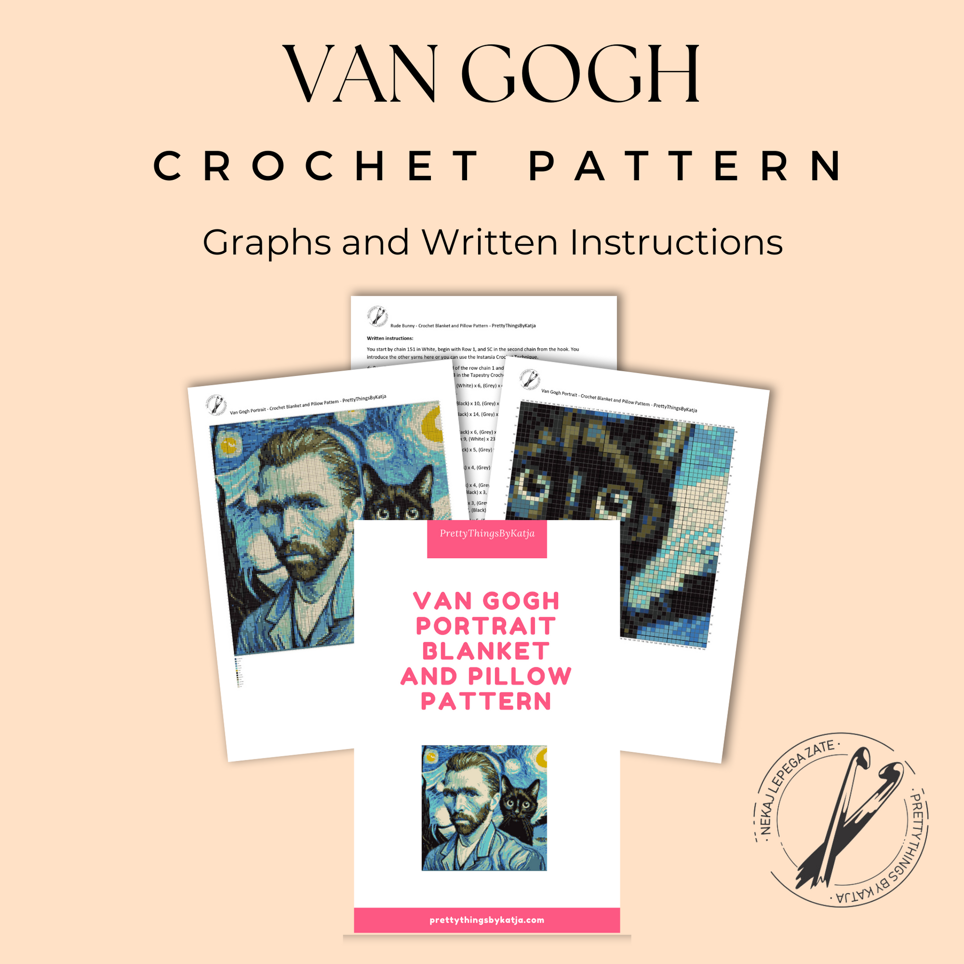 Van Gogh and cat lover tapestry crochet graph pattern for handmade gifts, art studio decor, and cozy home decor.
Crochet portrait graphgan pattern featuring a famous artist-inspired design with black cat and instant-download PDF.