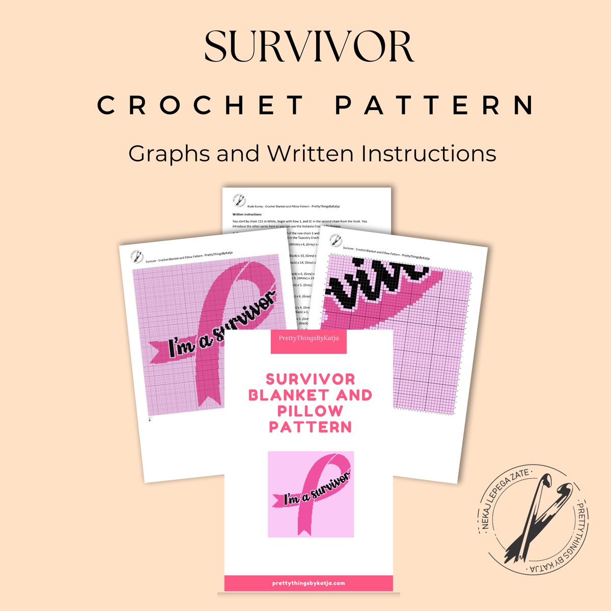 Survivor Ribbon SC Crochet Pattern featuring a bold pink cancer awareness ribbon and the message “I’m a Survivor.” This meaningful graphgan design can be used for a pillow with lighter yarn or a larger blanket with worsted-weight yarn.