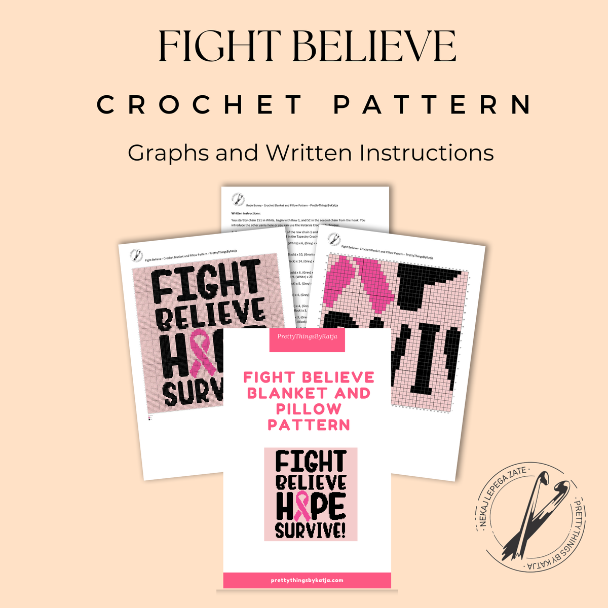 Fight Believe Hope Survive Crochet Pattern | Cancer Awareness Blanket & Pillow PDF