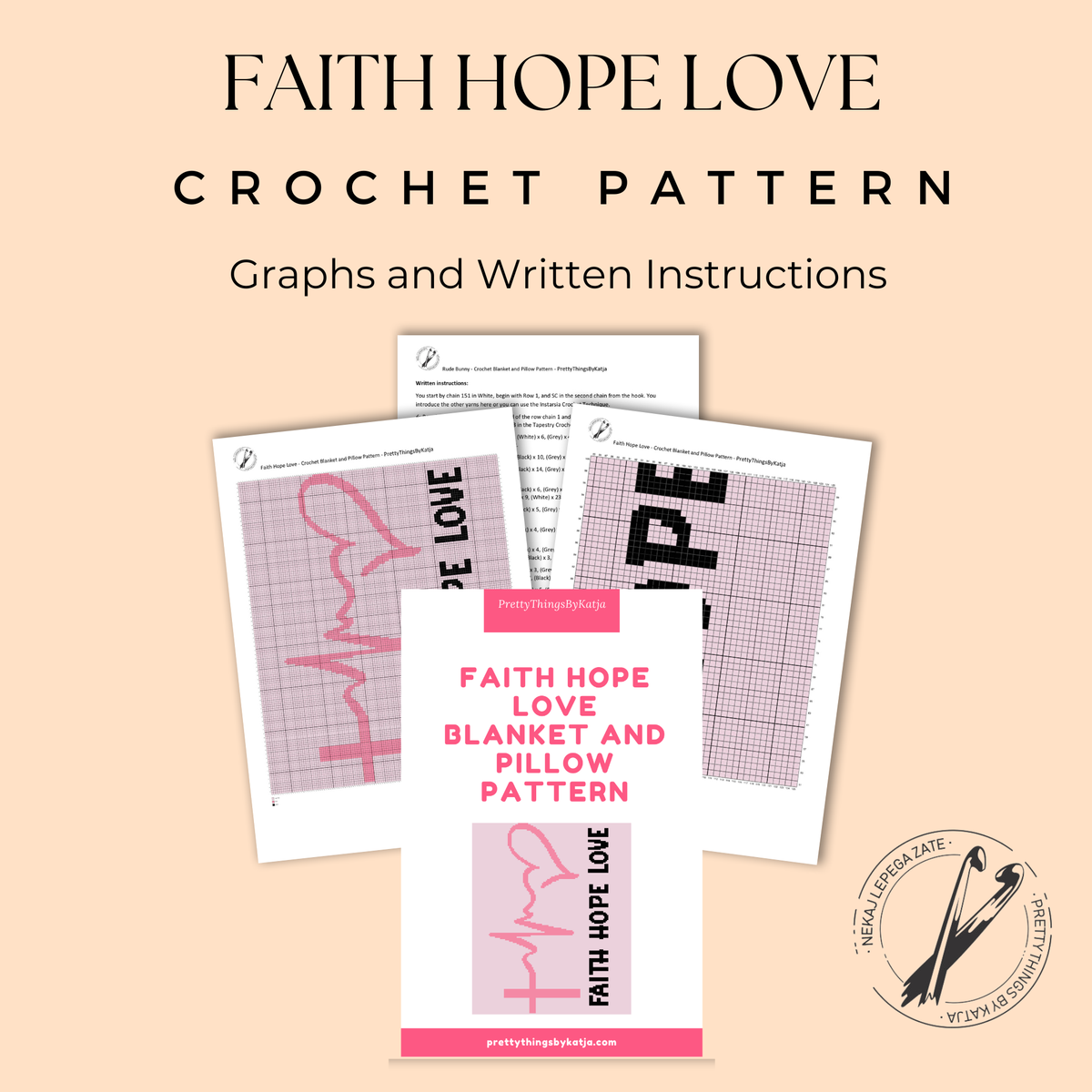 Faith Hope Love – Crochet Blanket or Pillow Pattern is a meaningful cancer awareness crochet graphghan featuring a pink awareness ribbon, heartbeat line, cross, and the words “Faith Hope Love.” The soft pink palette makes this a beautiful project for cancer awareness, chemo support, encouragement gifts, and comfort blankets.

This is a Single Crochet (SC) graphghan pattern worked from a graph and written row-by-row color instructions. The design measures 125 stitches × 150 rows and uses 3 colors: Light Pink
