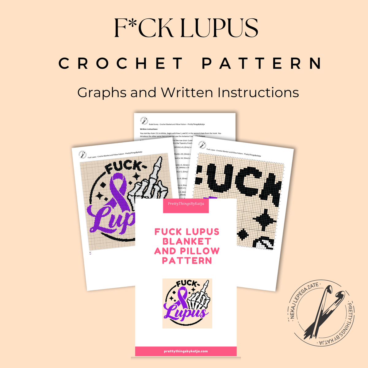 Fuck Lupus Skeleton Middle Finger SC Crochet Blanket & Pillow Pattern PDF