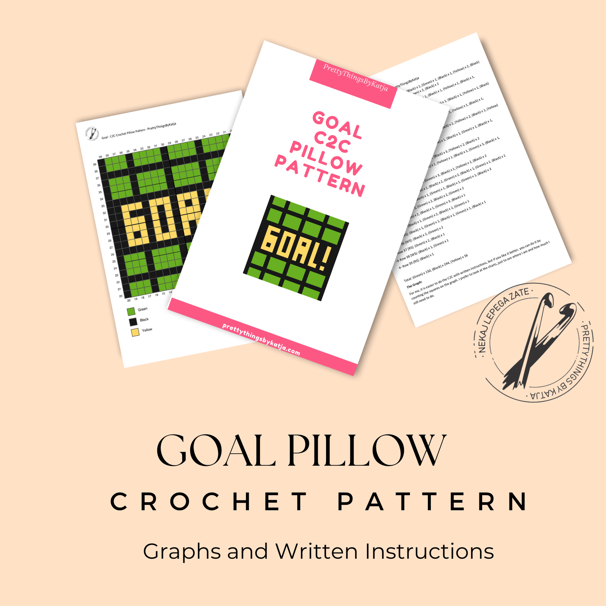 C2C crochet GOAL pillow pattern for soccer players, football fans, coaches, and team gifts.
Beginner-friendly C2C crochet pillow pattern featuring a soccer goal design in 20 x 20 blocks.