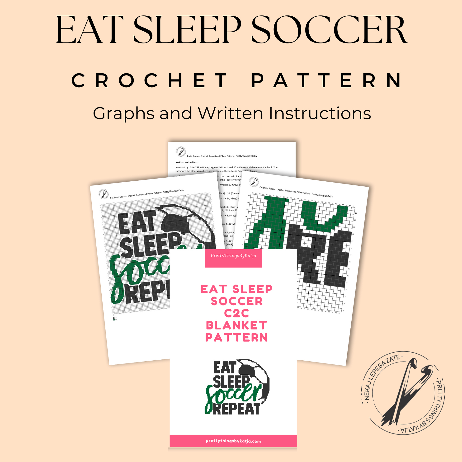 Eat Sleep Soccer Repeat C2C graphgan pattern with a 90 x 90 color chart and written row-by-row instructions.