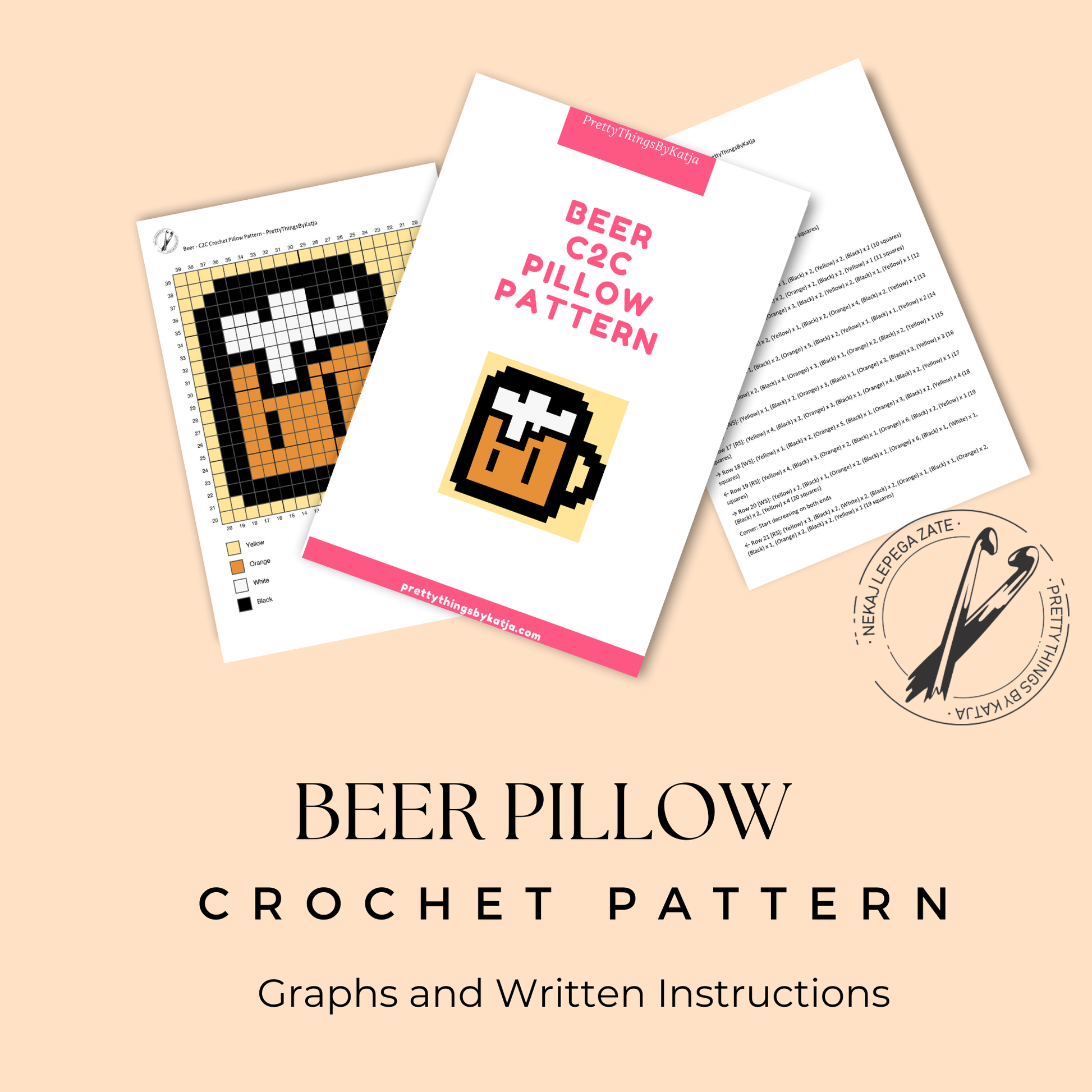 Crochet beer pattern for a C2C pillow cover with color chart and written instructions.