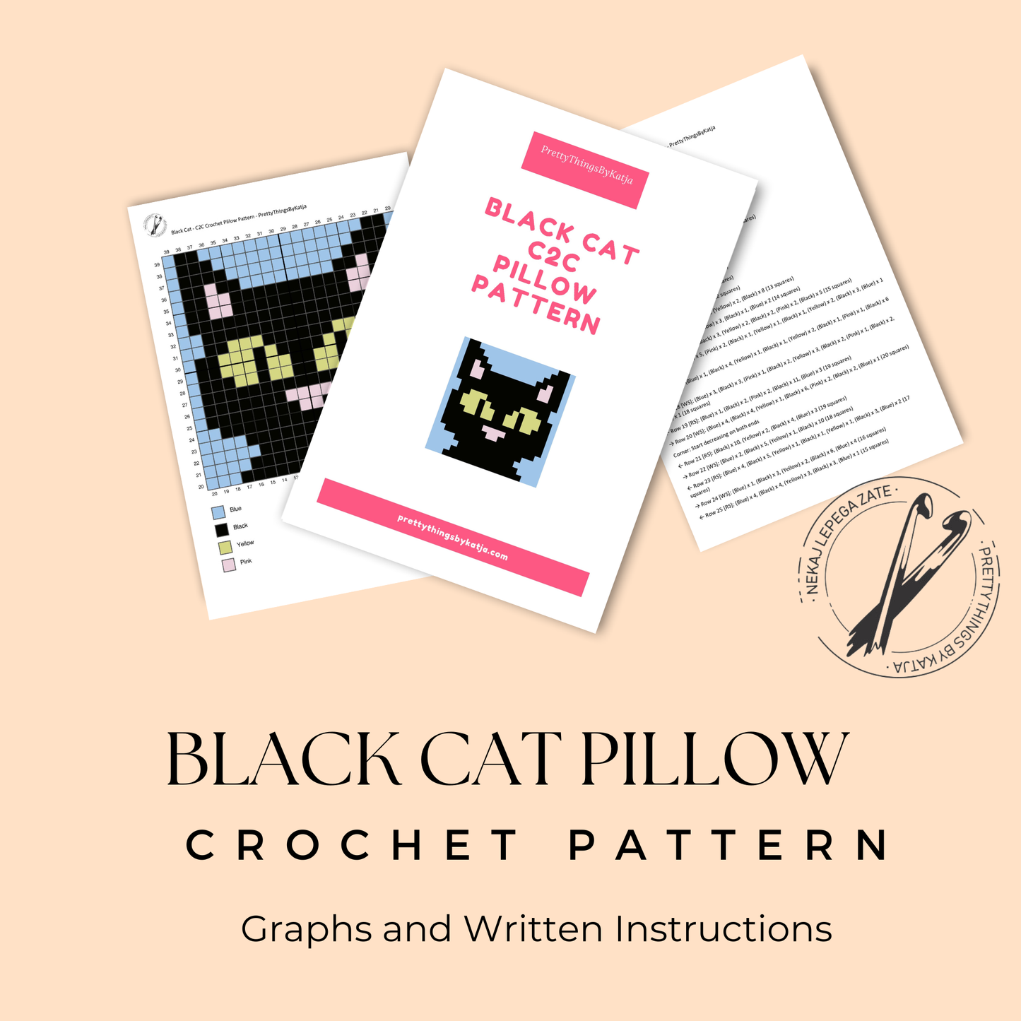 Crochet black cat face C2C pillow pattern with written row-by-row instructions and color chart.
