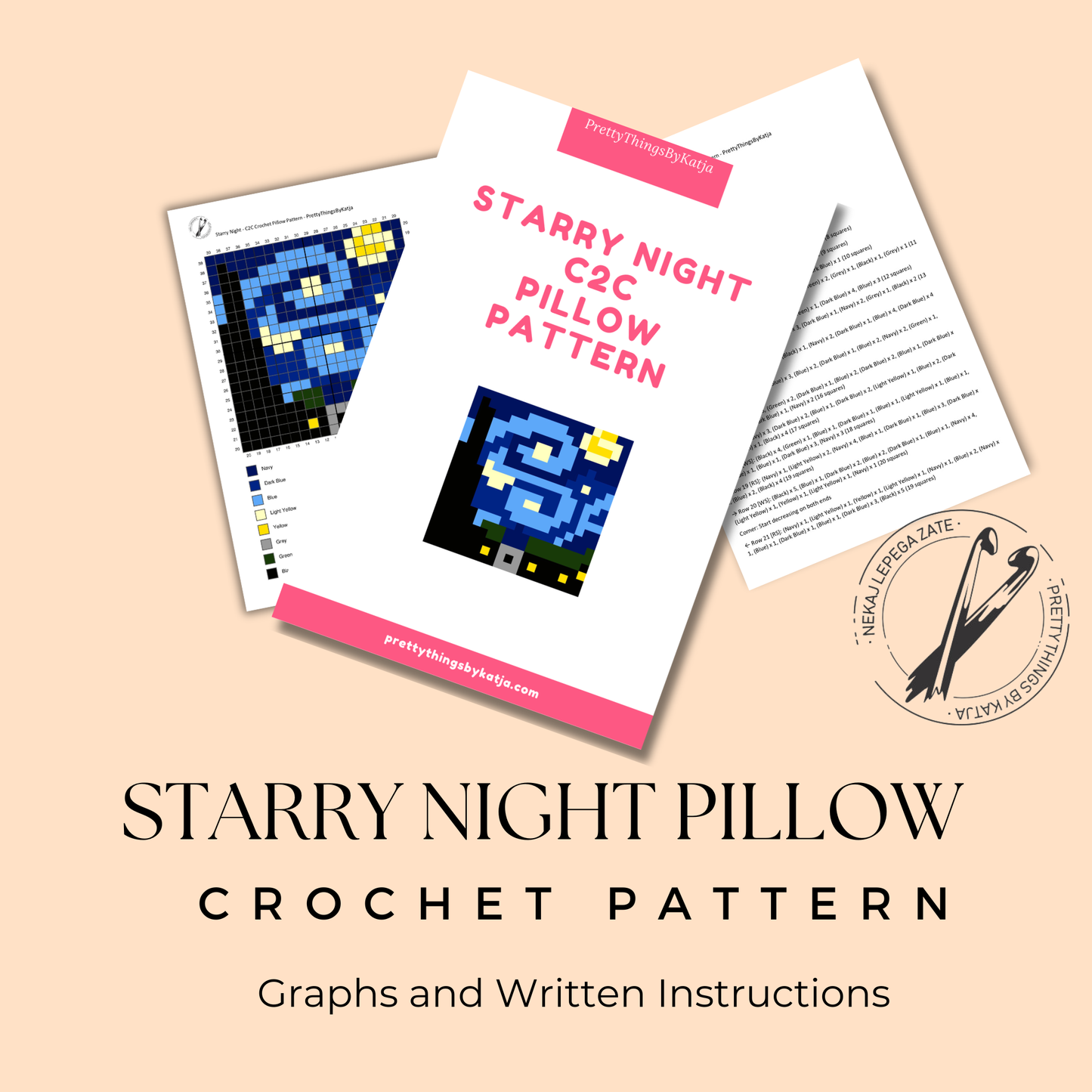 Beginner-friendly C2C crochet pillow pattern inspired by Van Gogh’s Starry Night for art lovers and handmade gifts.
Weekend crochet project featuring a Starry Night inspired C2C pillow graphgan with instant-download PDF instructions.