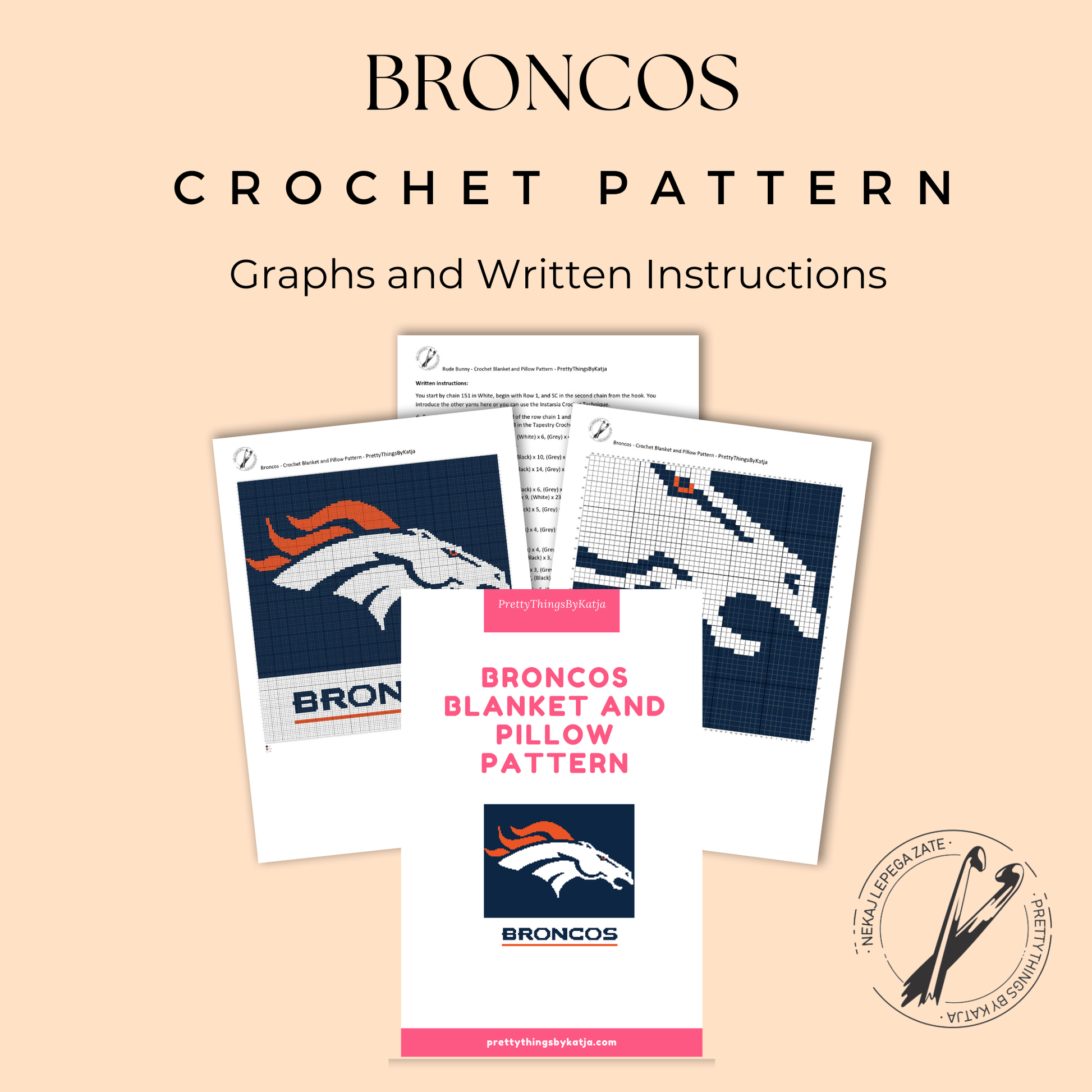 Single crochet football graphgan pattern with a 150 x 150 color chart and written row-by-row instructions.
Navy and orange football crochet pattern for a rectangular pillow or blanket and handmade fan gift.