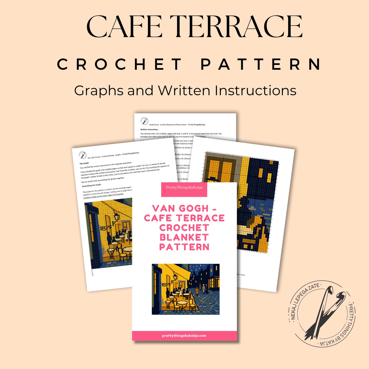 Tapestry crochet blanket pattern with café terrace at night, cobblestone street, 10 colors, and row-by-row instructions.
Van Gogh crochet painting blanket pattern for art lovers, museum lovers, handmade gifts, and cozy home decor.