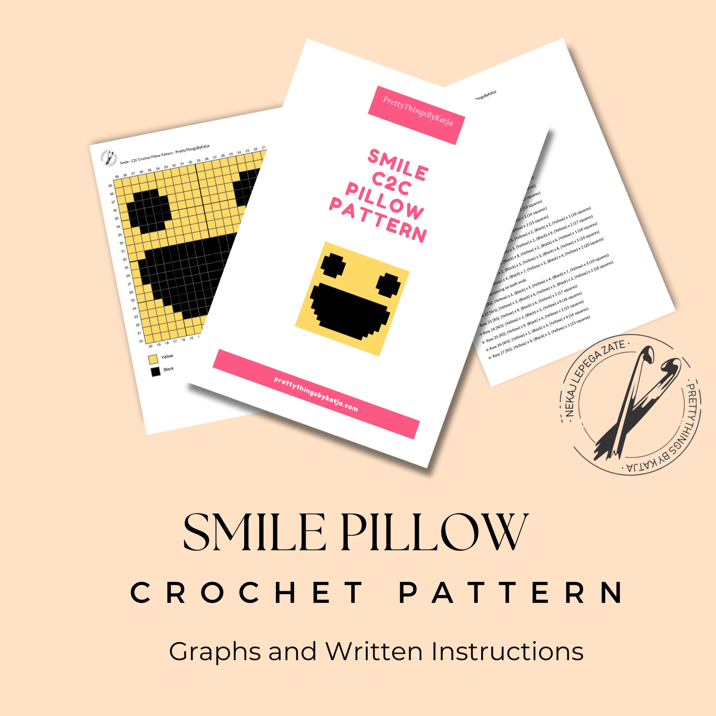 C2C crochet smiley face pillow pattern for kids, teens, positive decor, and handmade gifts.
Beginner-friendly C2C crochet pillow pattern featuring a smile design in 20 x 20 blocks.