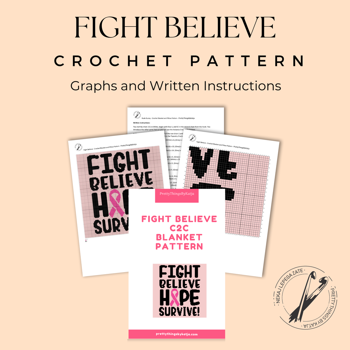 Fight Believe Hope Survive C2C Crochet Pattern | Cancer Awareness Blanket PDF