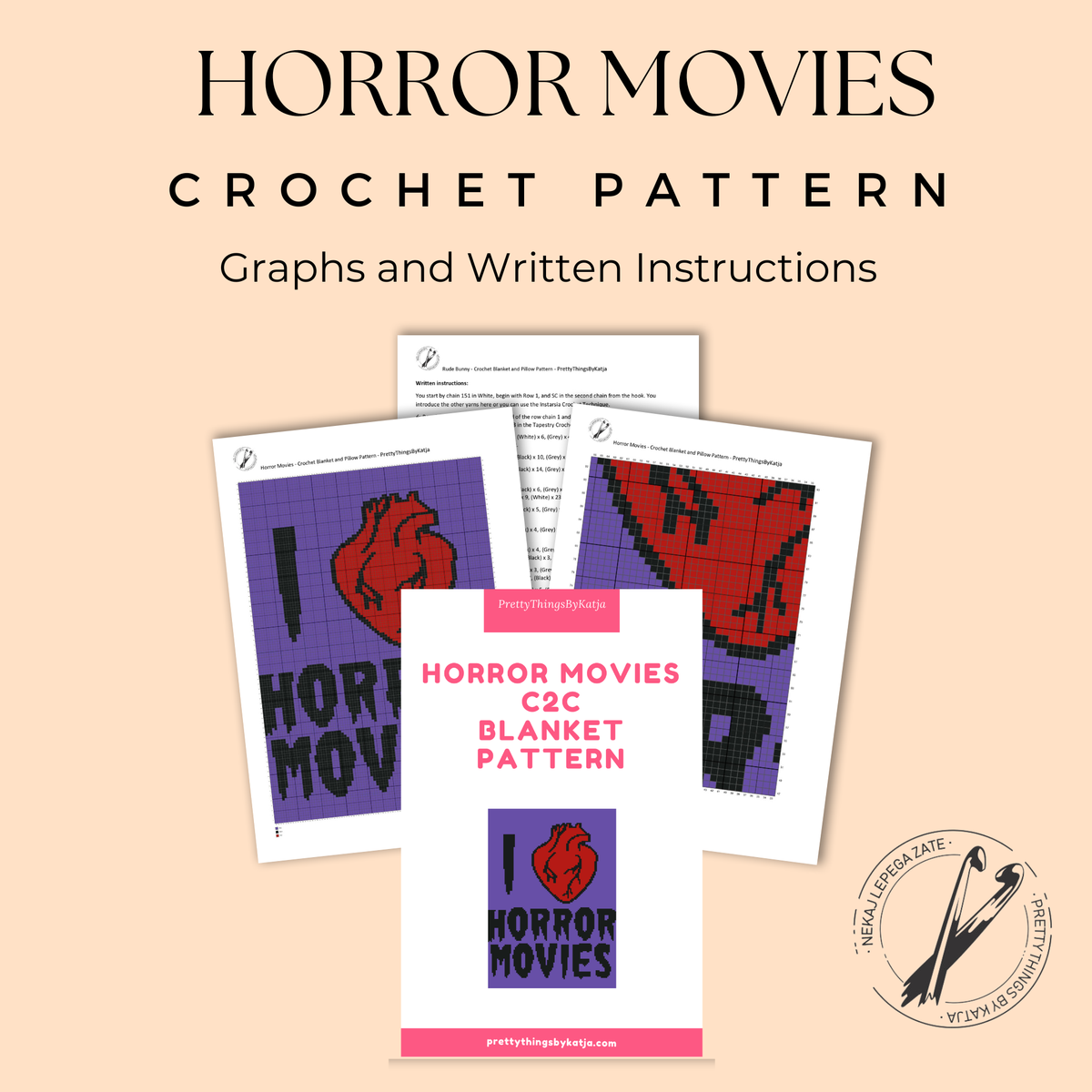 Spooky C2C crochet pattern featuring a horror quote and red heart.
Gothic C2C blanket pattern for movie rooms, bedrooms, and alternative decor.