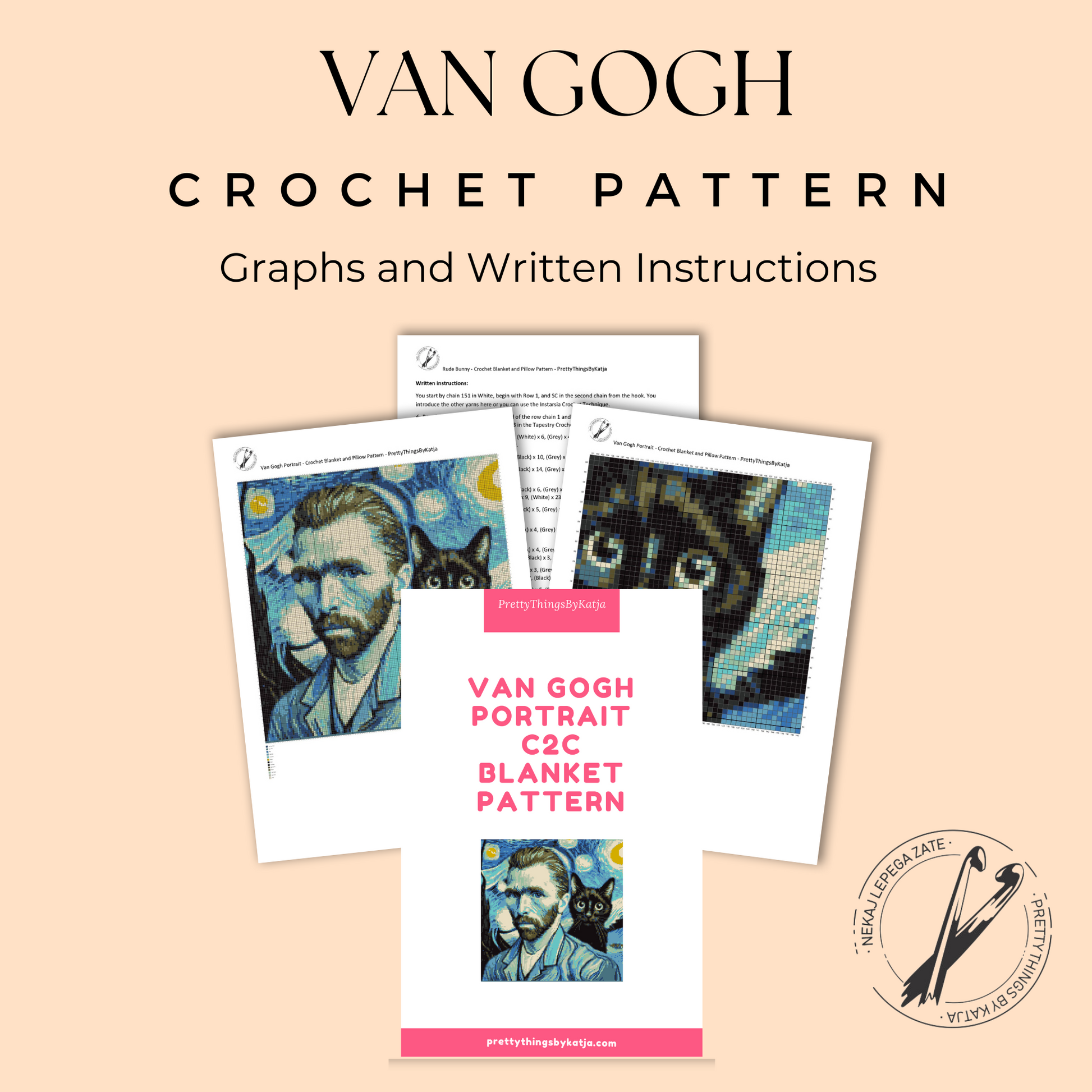 C2C famous artist graphgan pattern featuring a Van Gogh-inspired portrait and black cat design.
Art-inspired C2C crochet blanket pattern with black cat, portrait design, 13 colors, and row-by-row instructions.