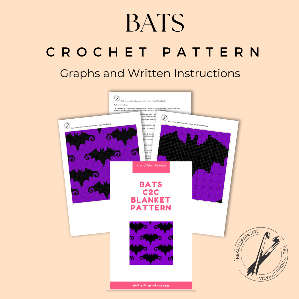 Seamless Halloween C2C graph pattern for blankets and spooky seasonal decor.
C2C bat graphgan pattern with repeating flying bats and row-by-row instructions.