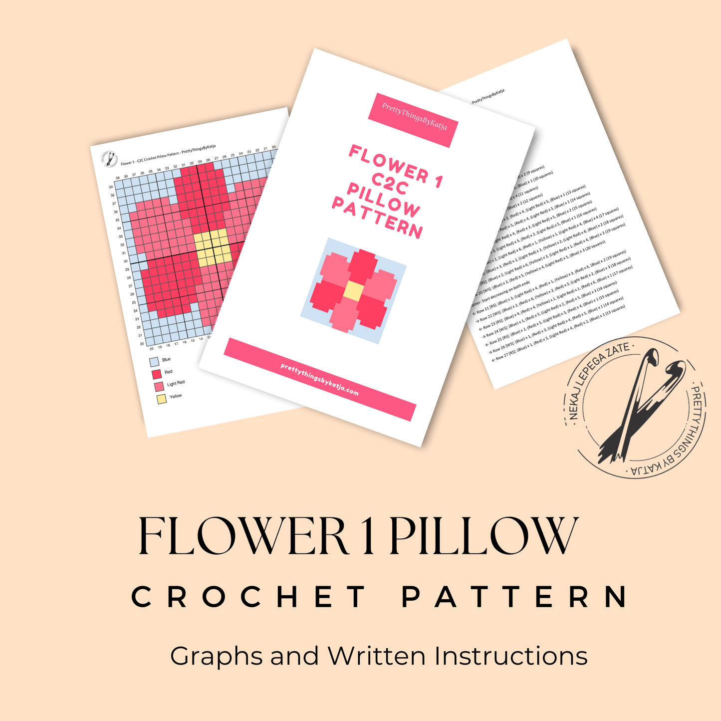 C2C crochet flower pillow pattern for spring decor, floral home decor, and handmade gifts.
Beginner-friendly C2C crochet pillow pattern featuring a pink flower design in 20 x 20 blocks.