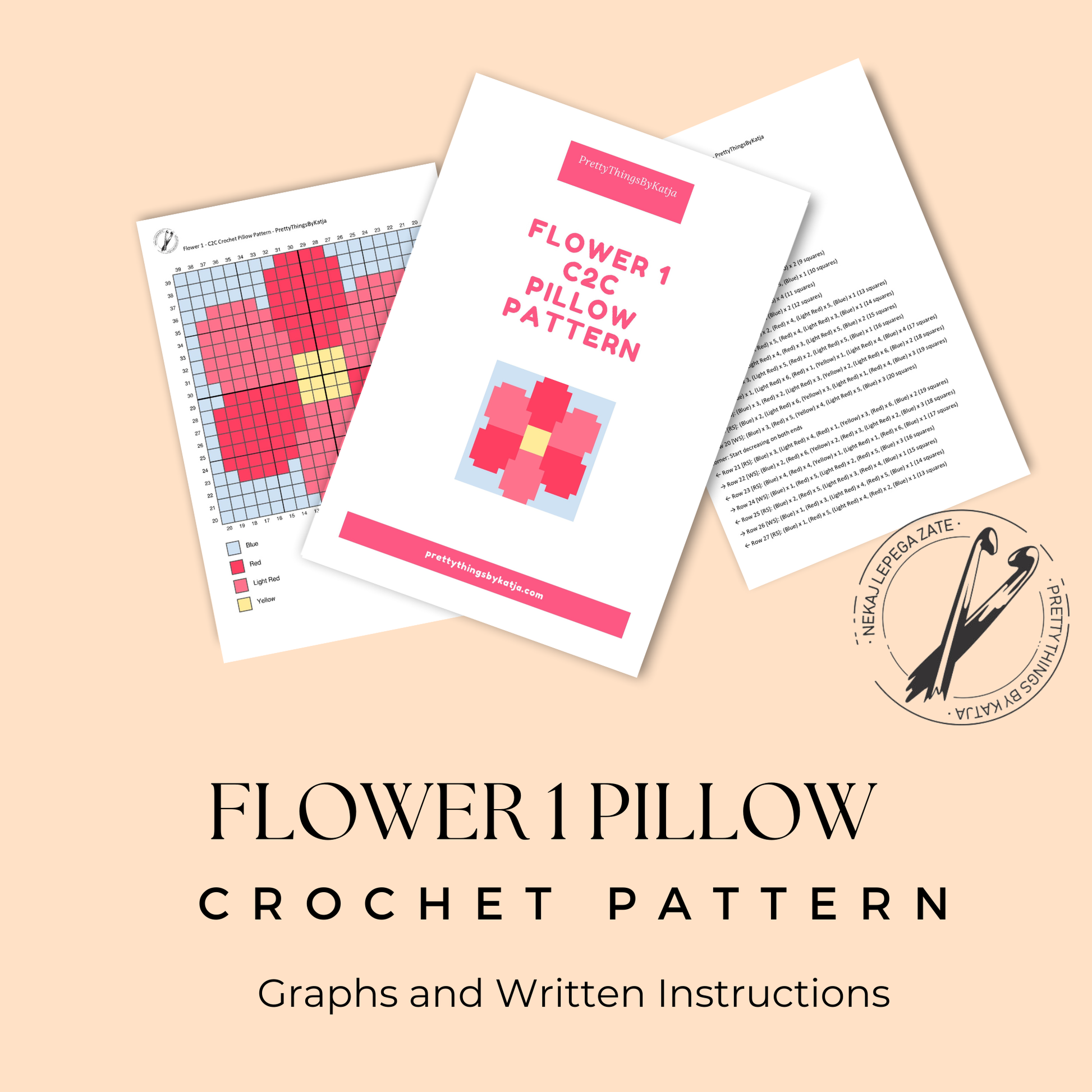 C2C crochet flower pillow pattern for spring decor, floral home decor, and handmade gifts.
Beginner-friendly C2C crochet pillow pattern featuring a pink flower design in 20 x 20 blocks.