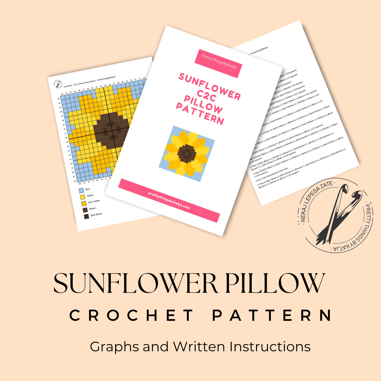 C2C crochet sunflower pillow pattern for flower lovers, farmhouse decor, and handmade gifts.
Beginner-friendly C2C crochet pillow pattern featuring a sunflower design in 20 x 20 blocks.