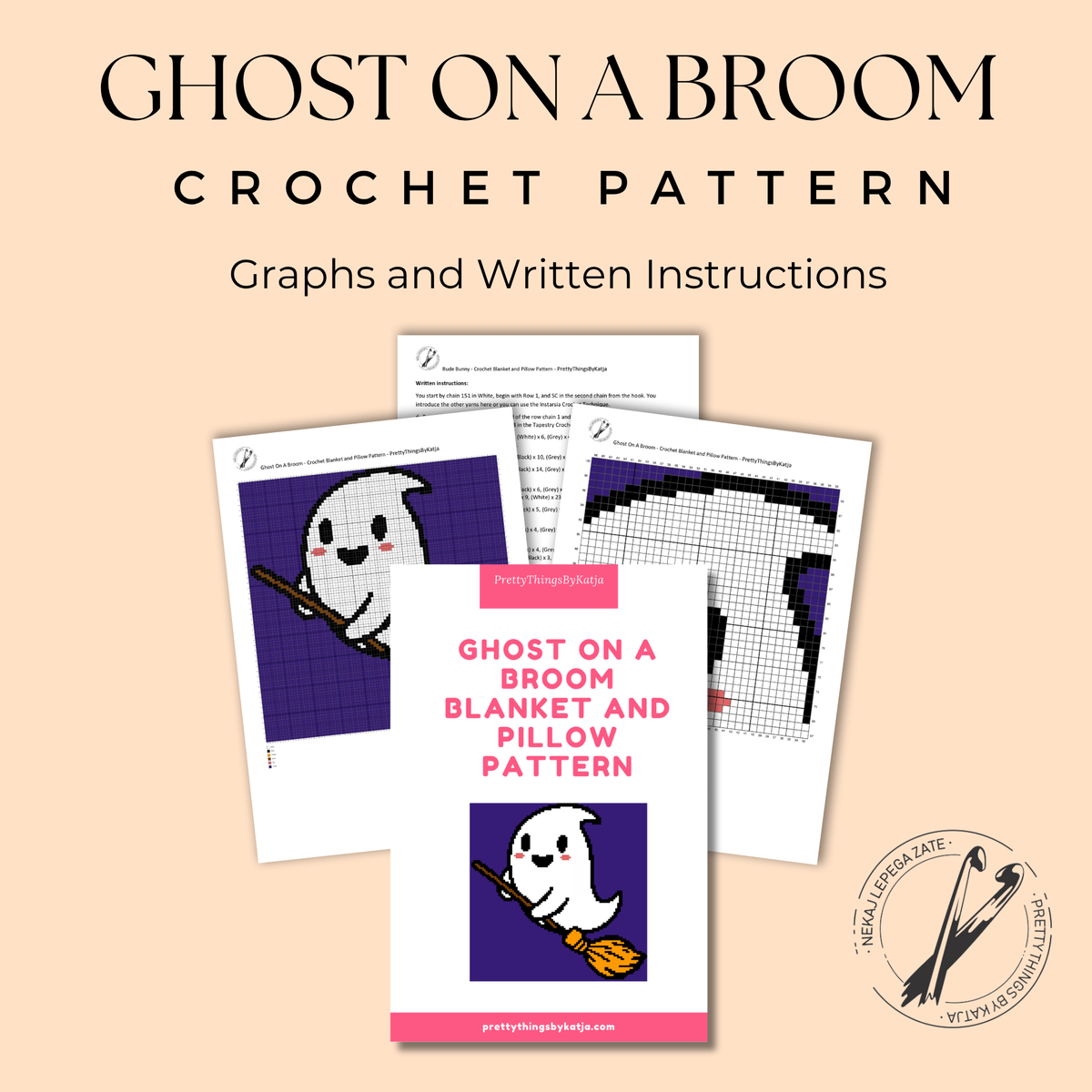 Ghost On A Broom SC Crochet Blanket & Pillow Pattern, Halloween Graphgan PDF