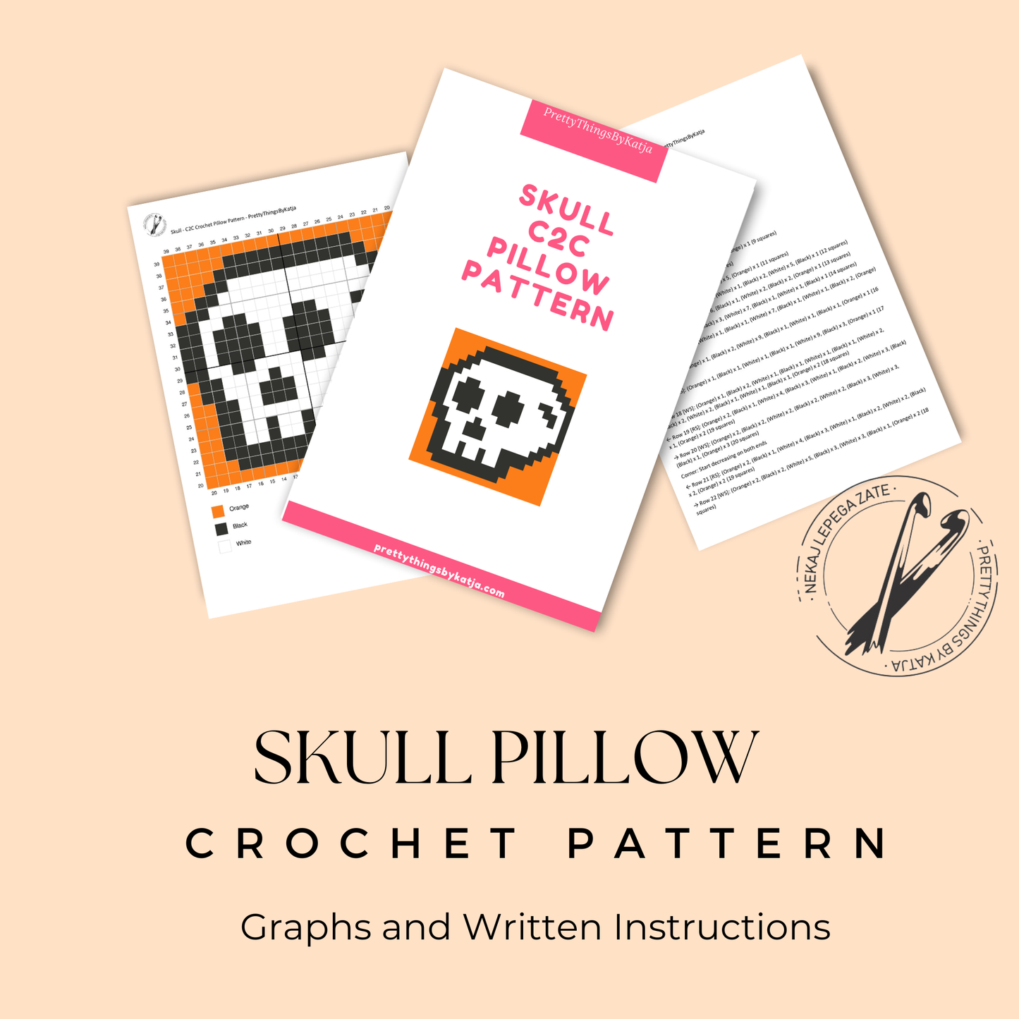 C2C crochet cartoon skull pillow pattern for Halloween decor, gothic rooms, and handmade gifts.
Beginner-friendly C2C crochet pillow pattern featuring a smiling skull design in 20 x 20 blocks.