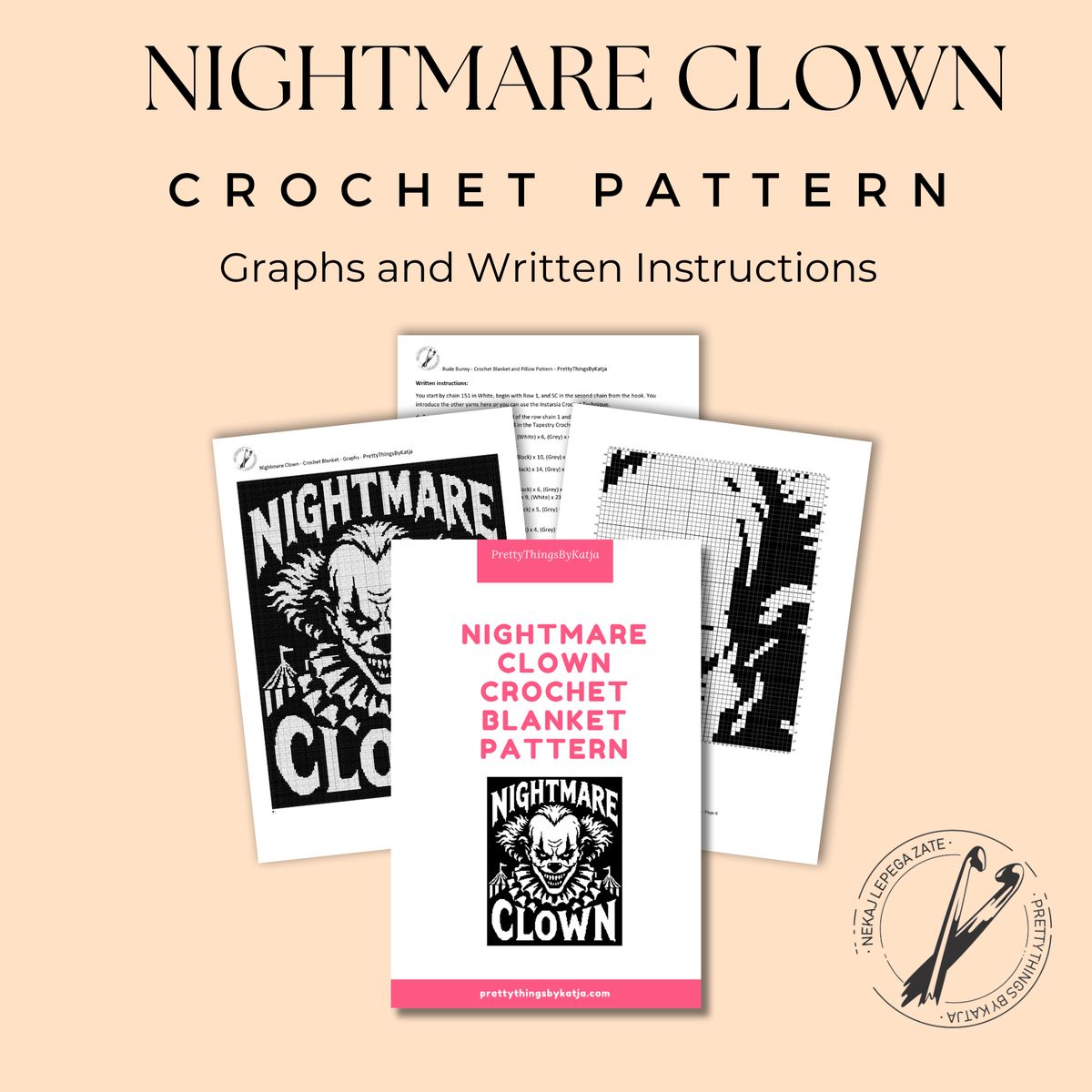 Single crochet graphghan pattern with a chilling clown illustration and dramatic lettering.
Horror clown crochet pattern with scary face details and dark gothic aesthetic.