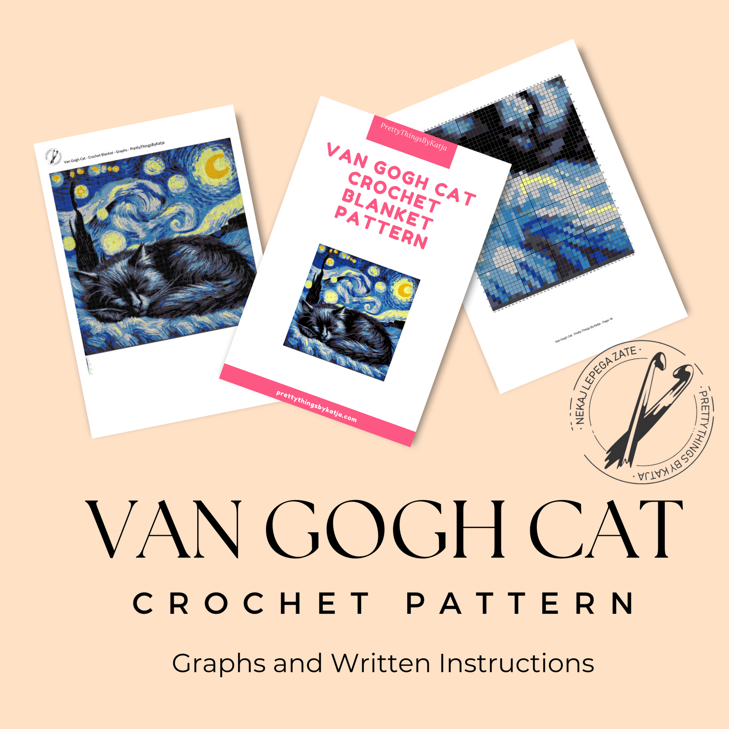 Black cat SC crochet graphghan pattern inspired by Van Gogh Starry Night with a 199 x 200 color chart.
Tapestry crochet blanket pattern with sleeping black cat, moon, stars, blue swirls, and row-by-row instructions.