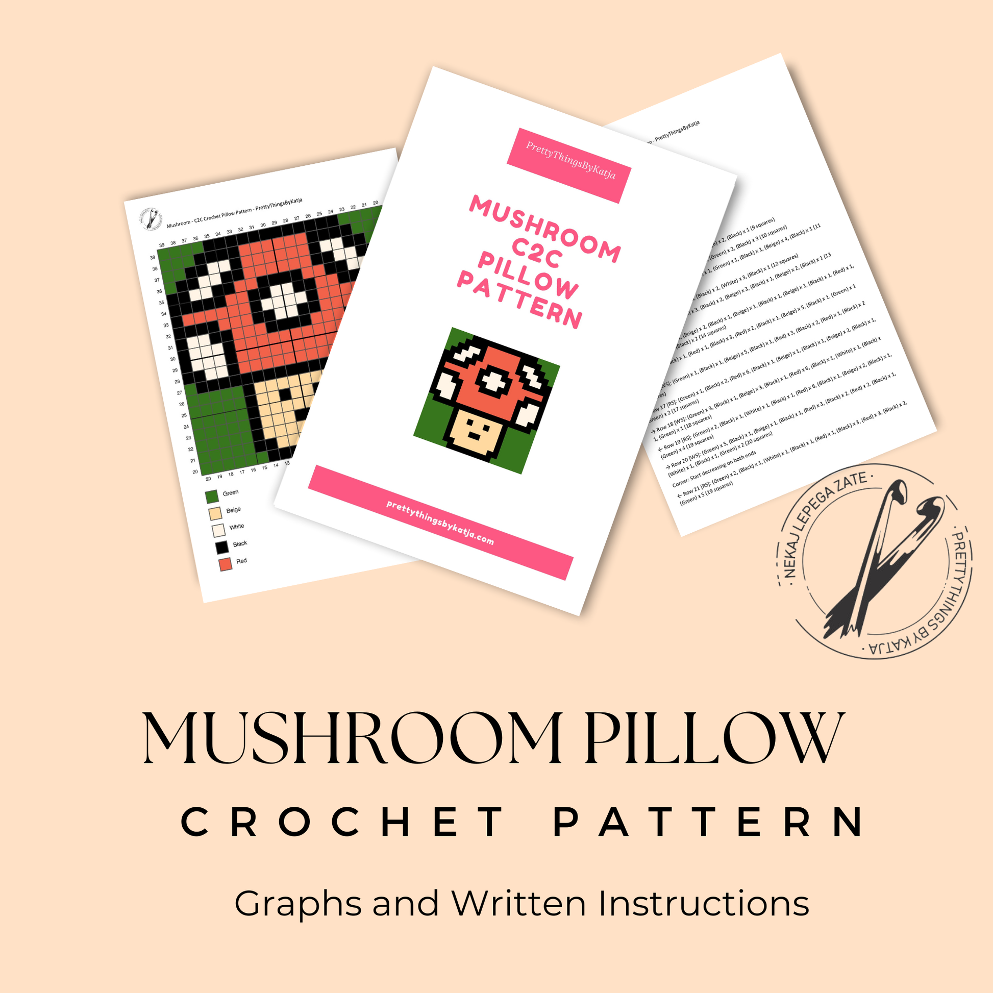 C2C crochet red mushroom pillow pattern for cottagecore decor, woodland nurseries, and handmade gifts.
Beginner-friendly C2C crochet pillow pattern featuring a spotted mushroom design in 20 x 20 blocks.