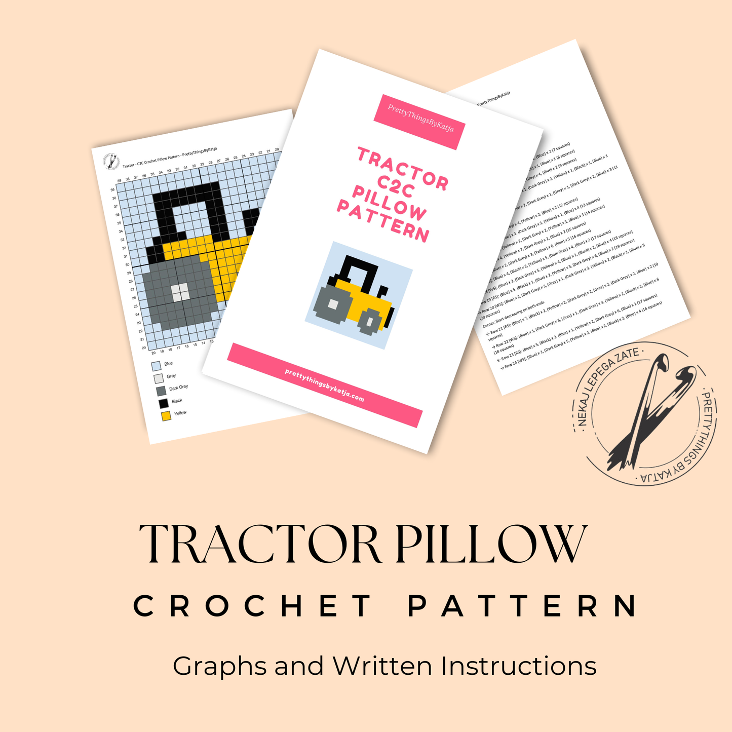 C2C crochet tractor pillow pattern for kids, farm lovers, nursery decor, and handmade gifts.
Beginner-friendly C2C crochet pillow pattern featuring a yellow tractor design in 20 x 20 blocks.