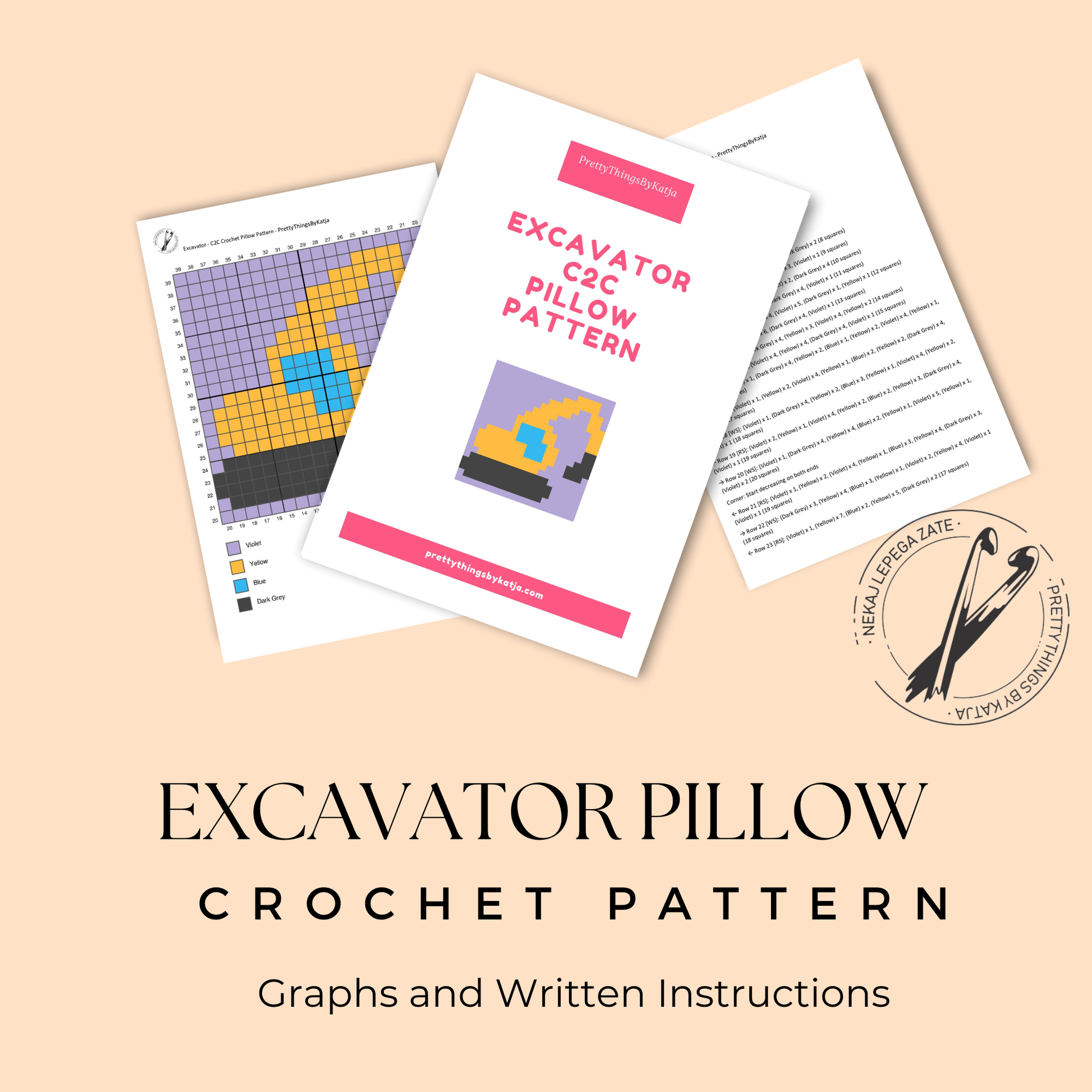 C2C crochet excavator pillow pattern for kids’ room decor, nursery decor, and handmade gifts.
Beginner-friendly C2C crochet pillow pattern featuring an excavator design in 20 x 20 blocks.
