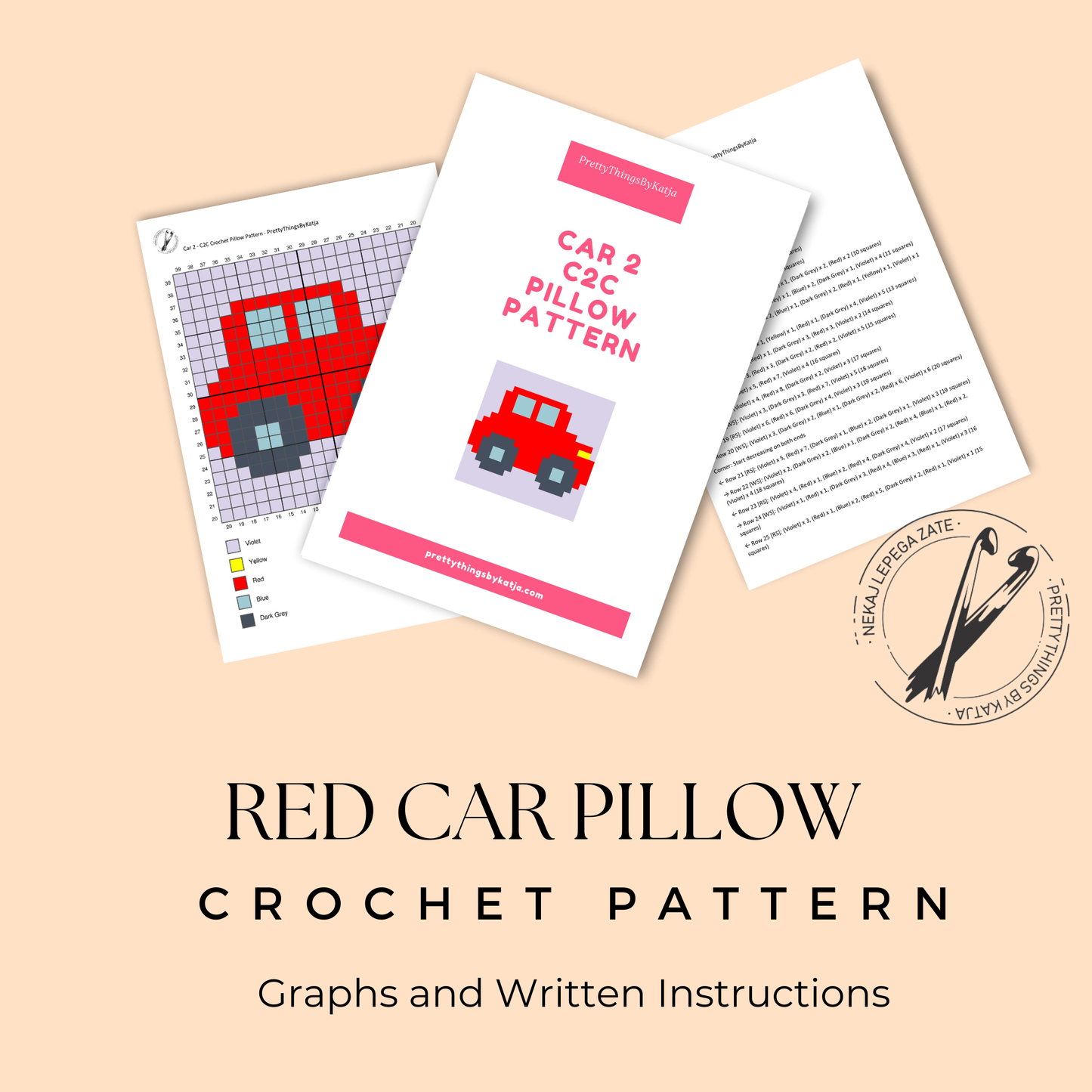 Crochet red car C2C pillow pattern with written row-by-row instructions and color chart.