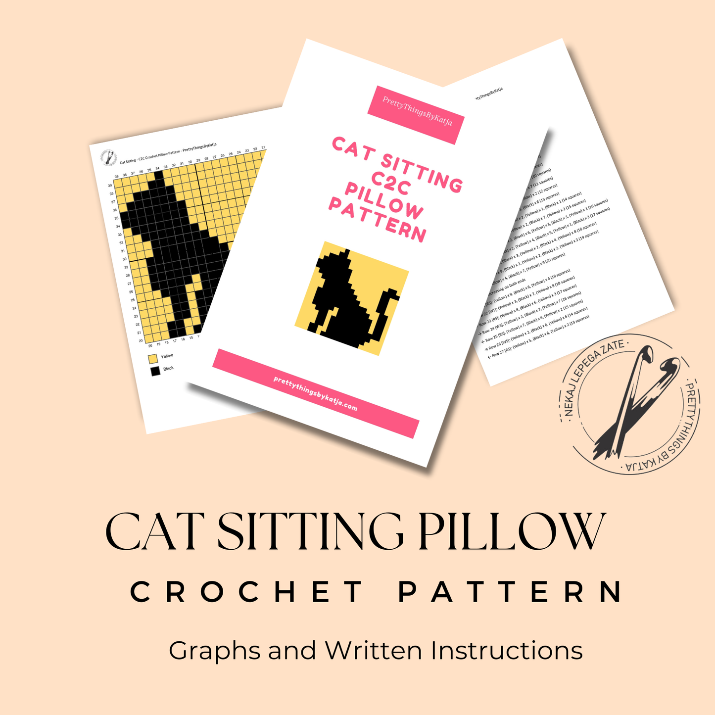 Crochet cat sitting C2C pillow pattern with written row-by-row instructions and color chart.
C2C crochet black cat pillow pattern for cat lovers, Halloween decor, and handmade gifts.