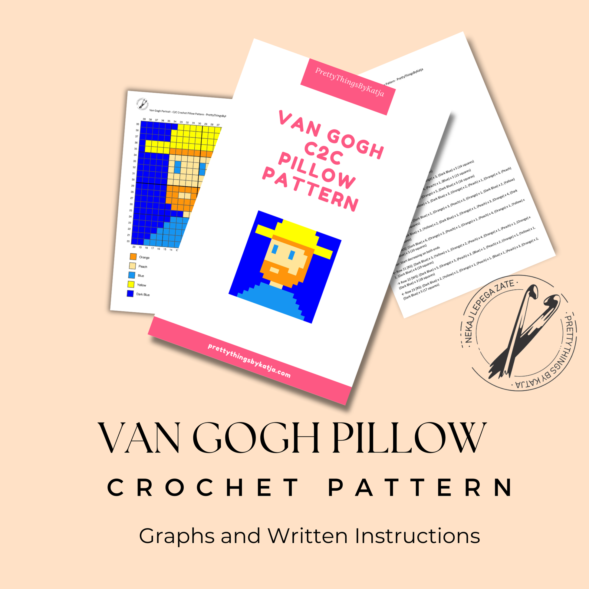 Crochet Van Gogh portrait pillow pattern for art lovers, museum lovers, artists, and handmade gifts.
Weekend crochet project featuring a famous artist portrait C2C graphgan with instant-download PDF instructions.