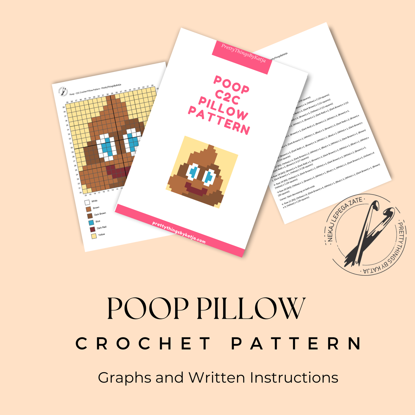 C2C crochet funny poop pillow pattern for kids, teens, gag gifts, and novelty decor.
Beginner-friendly C2C crochet pillow pattern featuring a smiling poop emoji in 20 x 20 blocks.