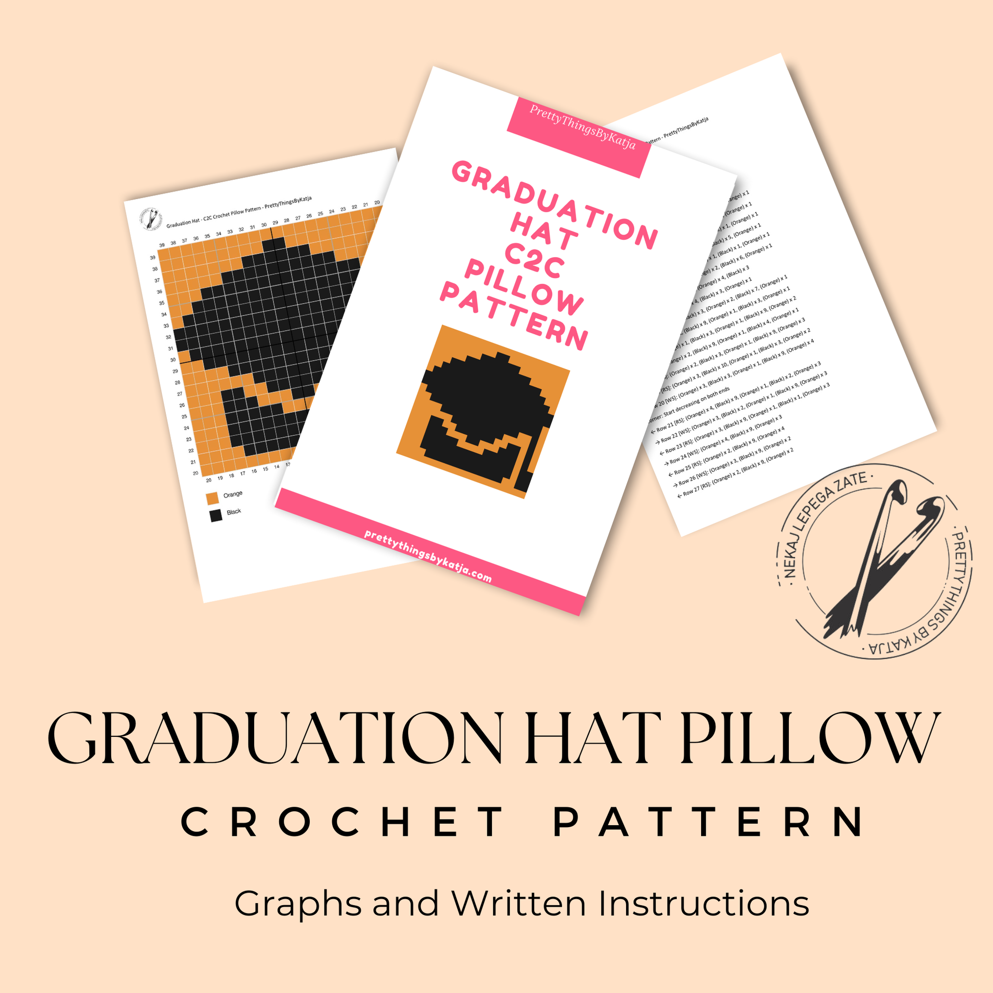 C2C crochet graduation cap pillow pattern for high school graduates, college graduates, and senior gifts.
Beginner-friendly C2C crochet pillow pattern featuring a graduation hat design in 20 x 20 blocks.