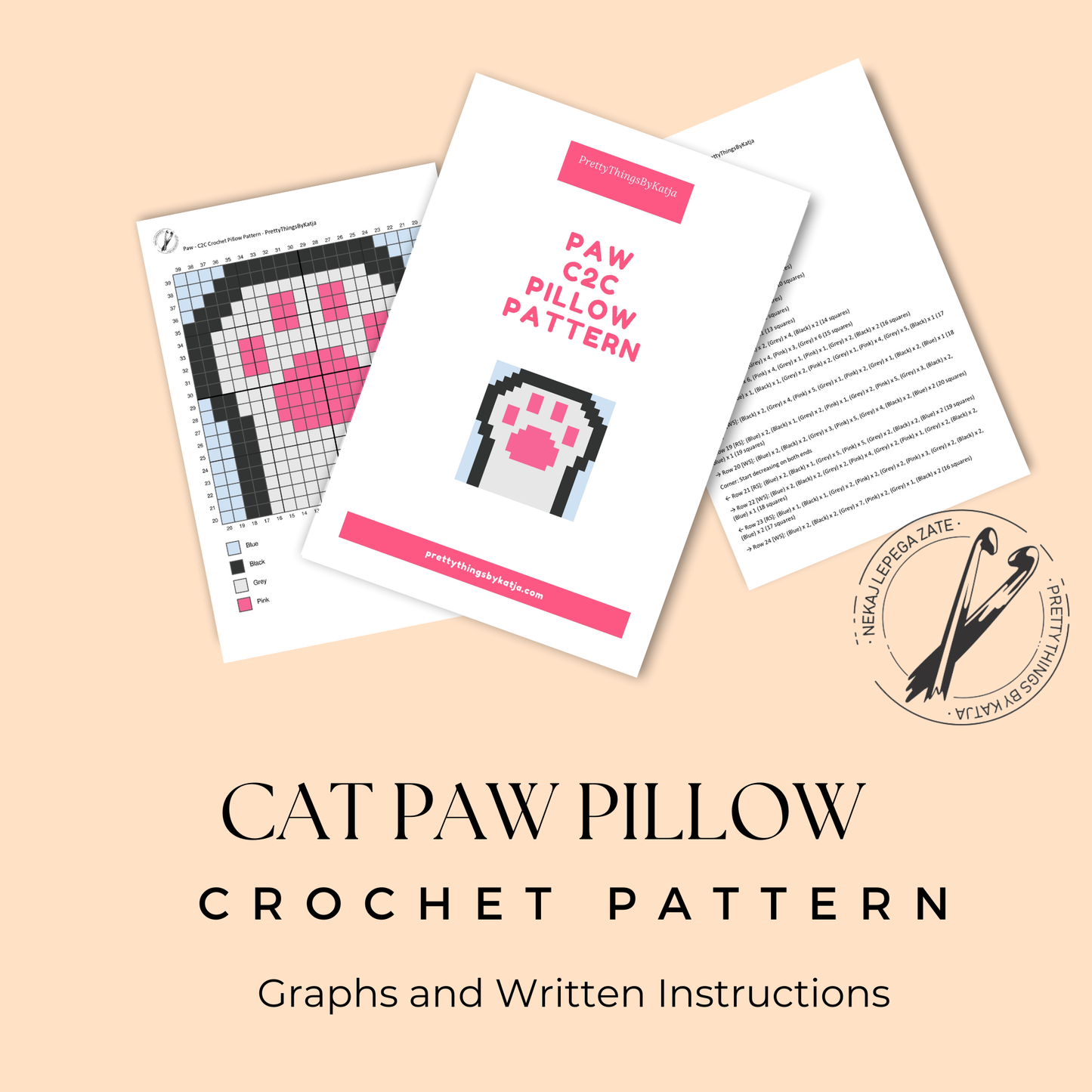 C2C crochet pillow pattern with written instructions featuring a cute cat paw graph design for a handmade cat lover gift.